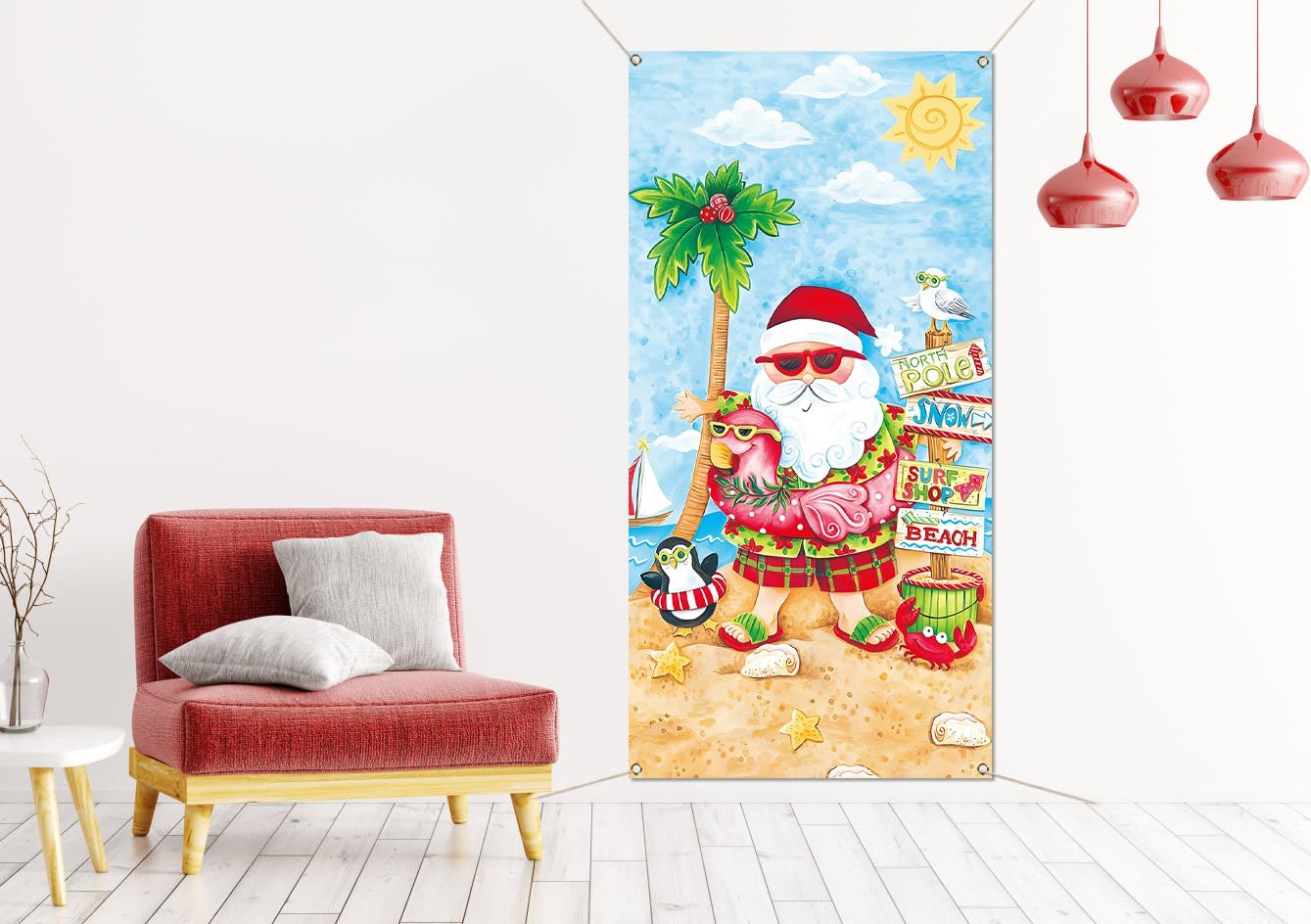 Sunwer Christmas July Door Cover Tropical Summer Beach Hawaiian Themed Party Decoration Santa Palm Tree Front Porch Sign Backdro