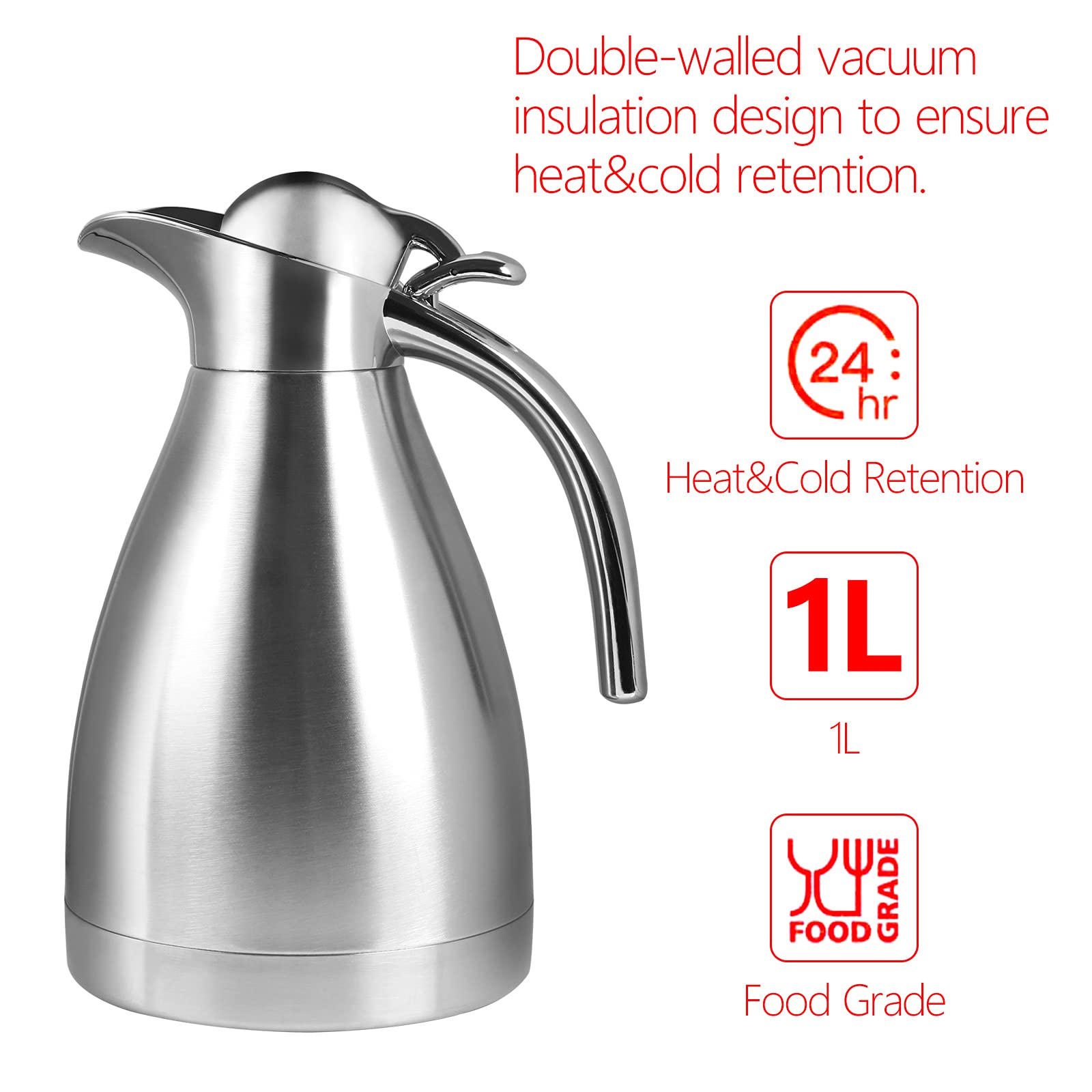 Cabax 34 Oz Food Grade Stainless Steel Thermal Carafe/Double Walled Vacuum Insulated Coffee Pot With Press Button Top, 12+ Hrs H