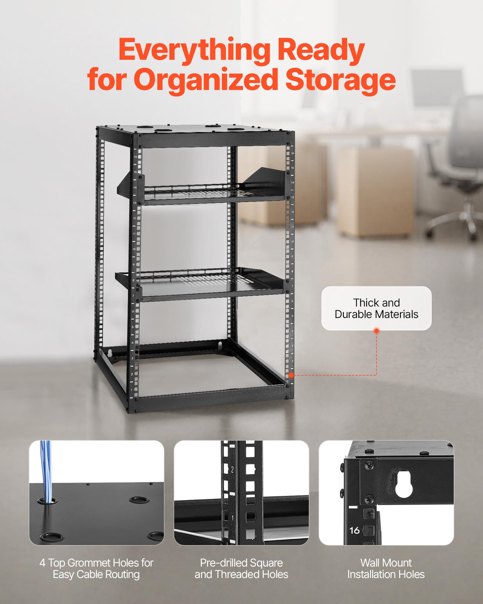 Vevor 16U Open Frame Server Rack & Network Rack, Wall Mounted Or Floor Standing, Heavy Duty 4 Post, With 2Pcs Vented 1U Shelves
