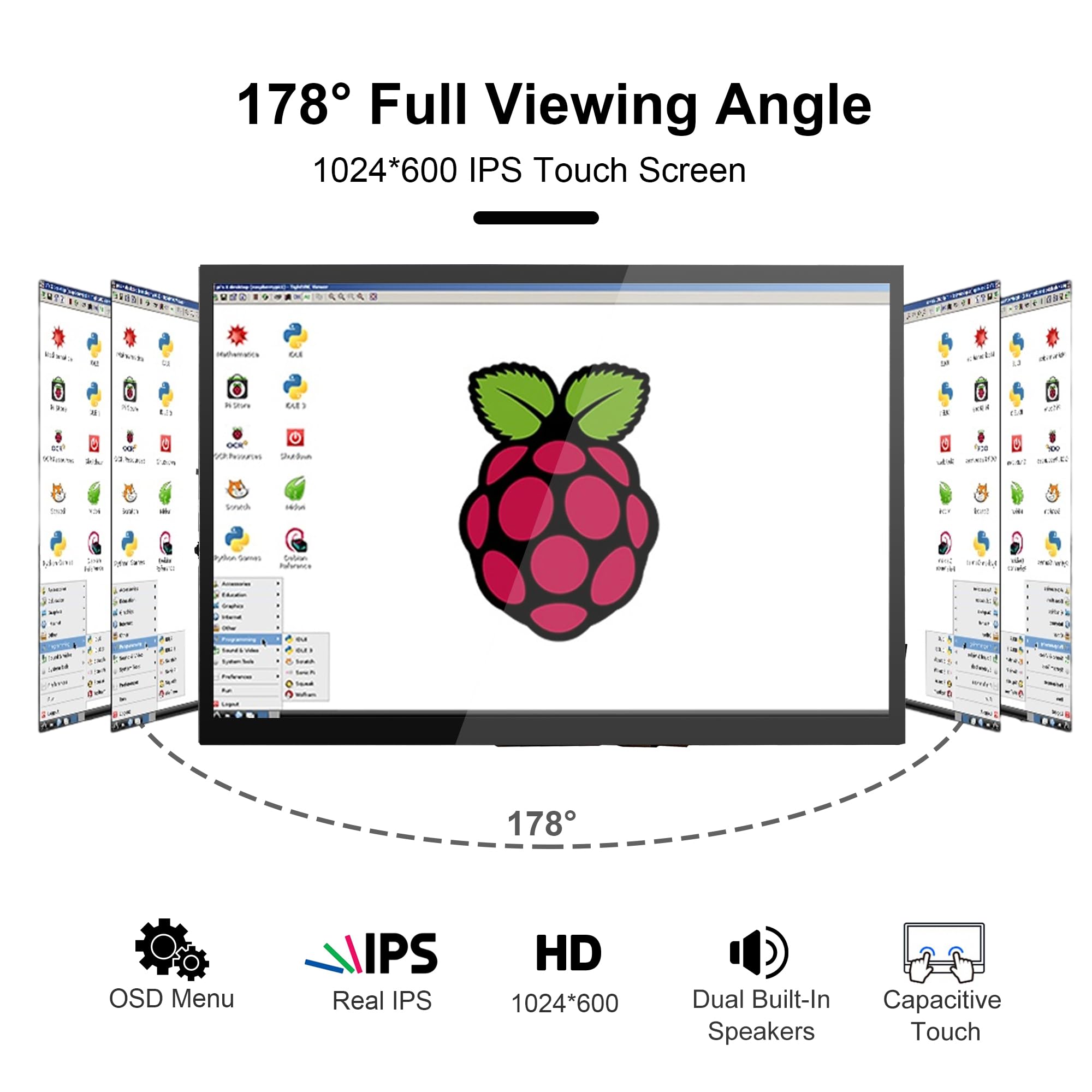 Wisecoco 7 Inch Lcd Touch Screen For Raspberry Pi Portable Monitor Ips 1024 * 600 No Cable Needed Dual Speaker With Osd Hdmi Tou