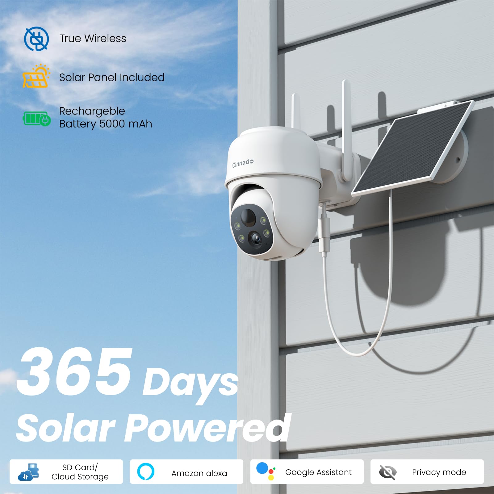 Cinnado Security Cameras Wireless Outdoor 2K Cameras For Home Security Outside Solar/Battery Powered 2.4G Wifi, 360 Color Night