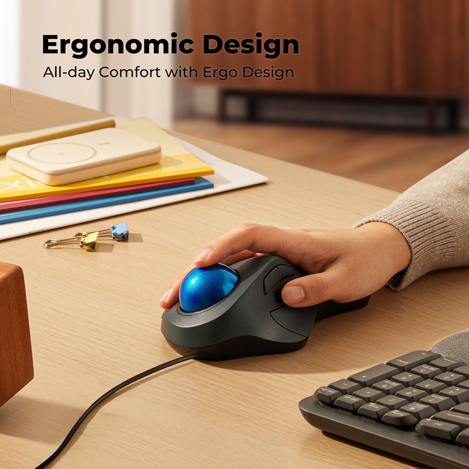 Porlei Wired Trackball Mouse, Easy Index Finger Control, Ergonomic Comfort Design Reduces Muscle Strain, Precision And Smooth Tr