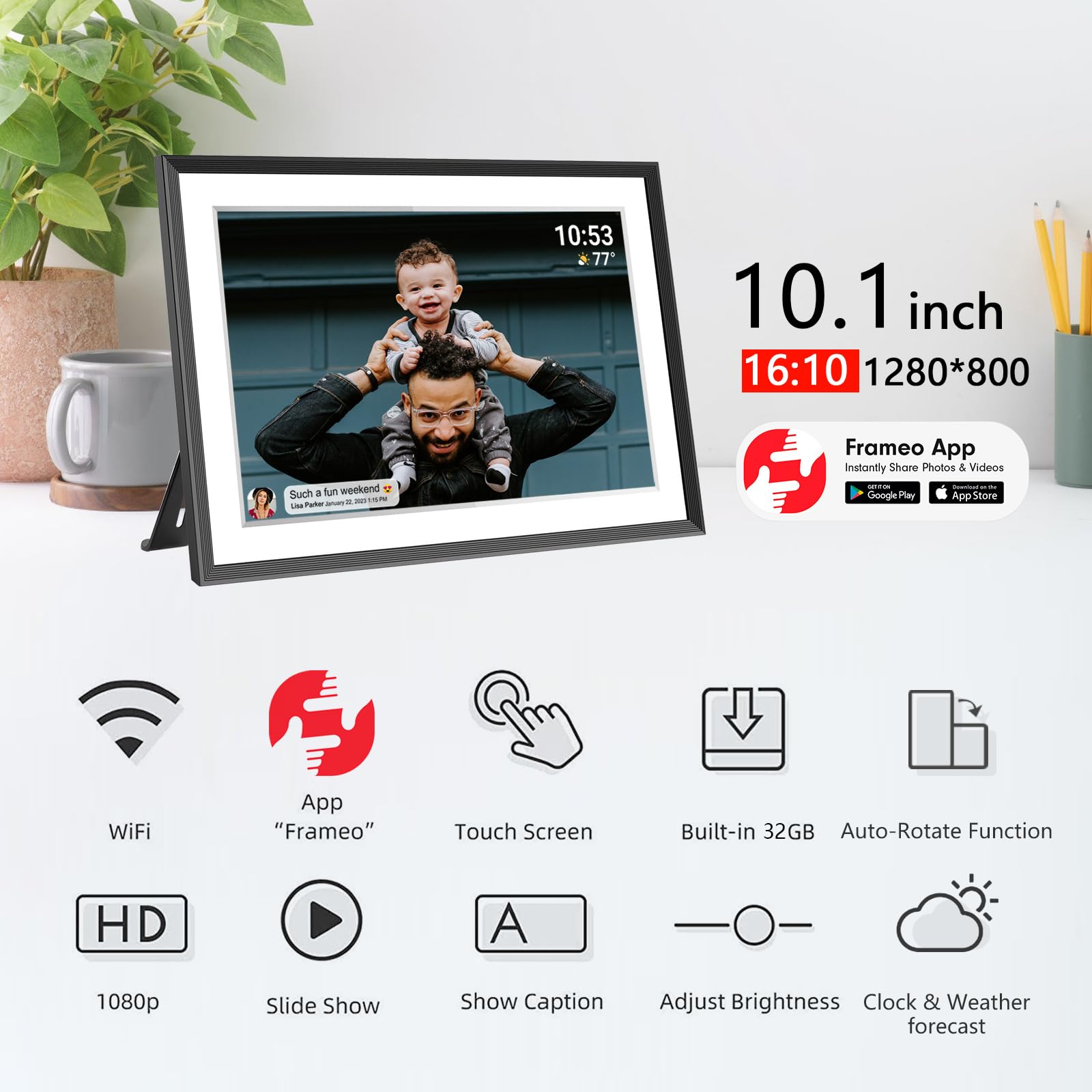 32Gb Frameo 10.1 Inch Smart Wifi Digital Photo Frame 1280X800 Ips Lcd Touch Screen, Auto Rotate Portrait And Landscape, Share Mo