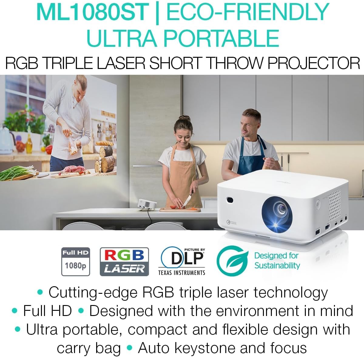 Optoma Ml1080St Ultra Portable Short Throw Full Hd Laser Projector, 1200 Lumens