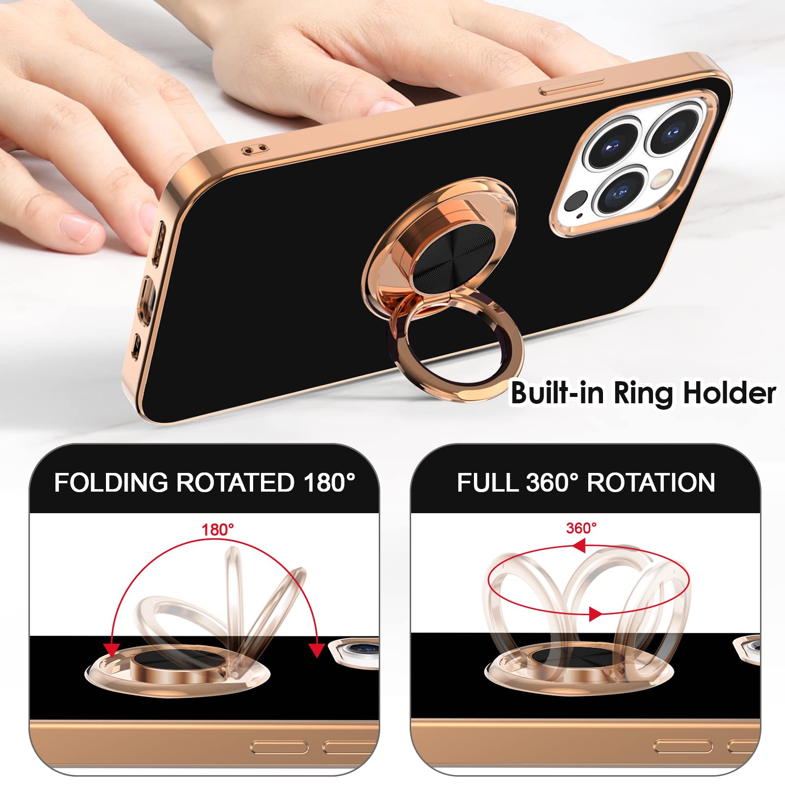 Hython For Iphone 13 Pro Case With Ring Stand [360 Rotatable Ring Holder Magnetic Kickstand] [Support Car Mount] Plating Rose Go