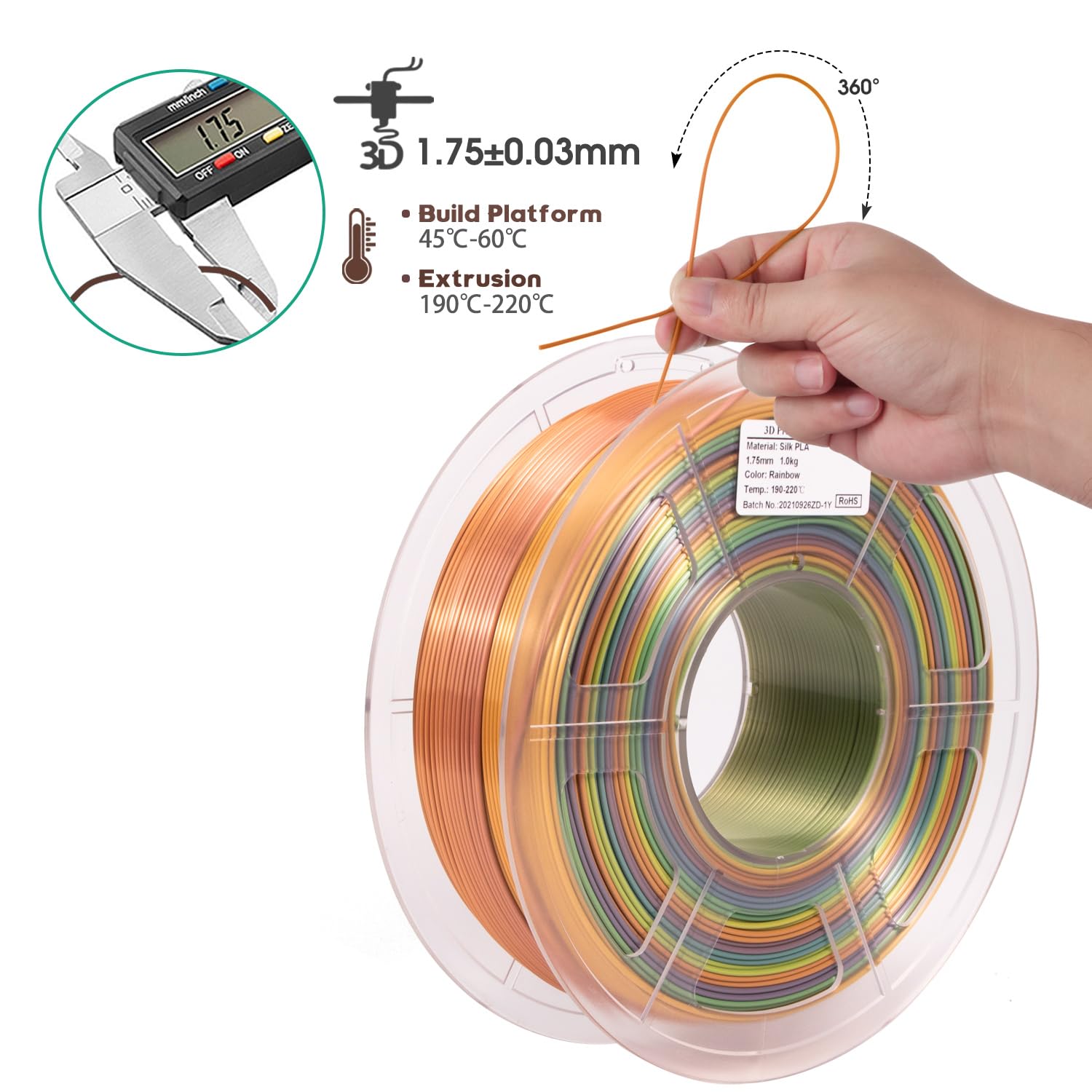 3D Printer Filament, Silk Rainbow Pla Filament 1.75 Mm, Color Change Filament Dimensional Accuracy +/  0.03 Mm, 1 Kg Spool, Pla