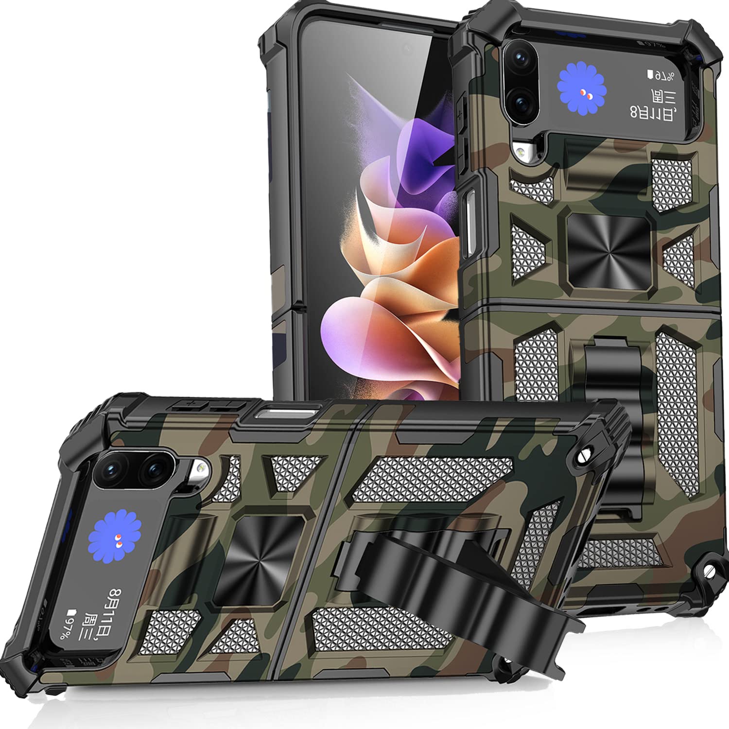 Ephoou Camo Case For Samsung Galaxy Z Flip4, Military Grade Shockproof Phone Case Cover With Kickstand For Samsung Galaxy Z Flip