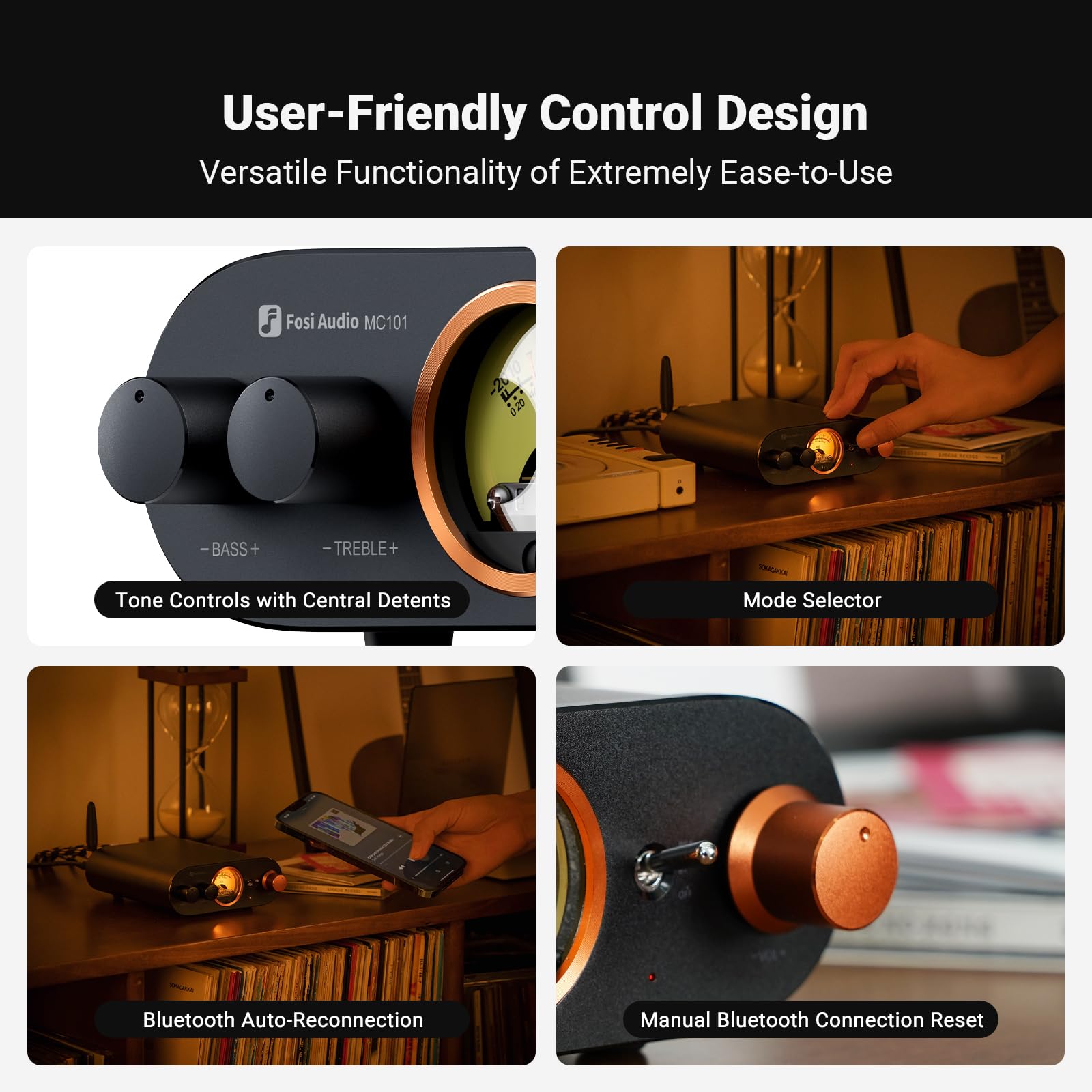 Fosi Audio Mc101 Bluetooth Stereo Amplifier Home Audio Component Mini Amp With Vu Meter 2 Channel Hifi Receiver For Passive Spea