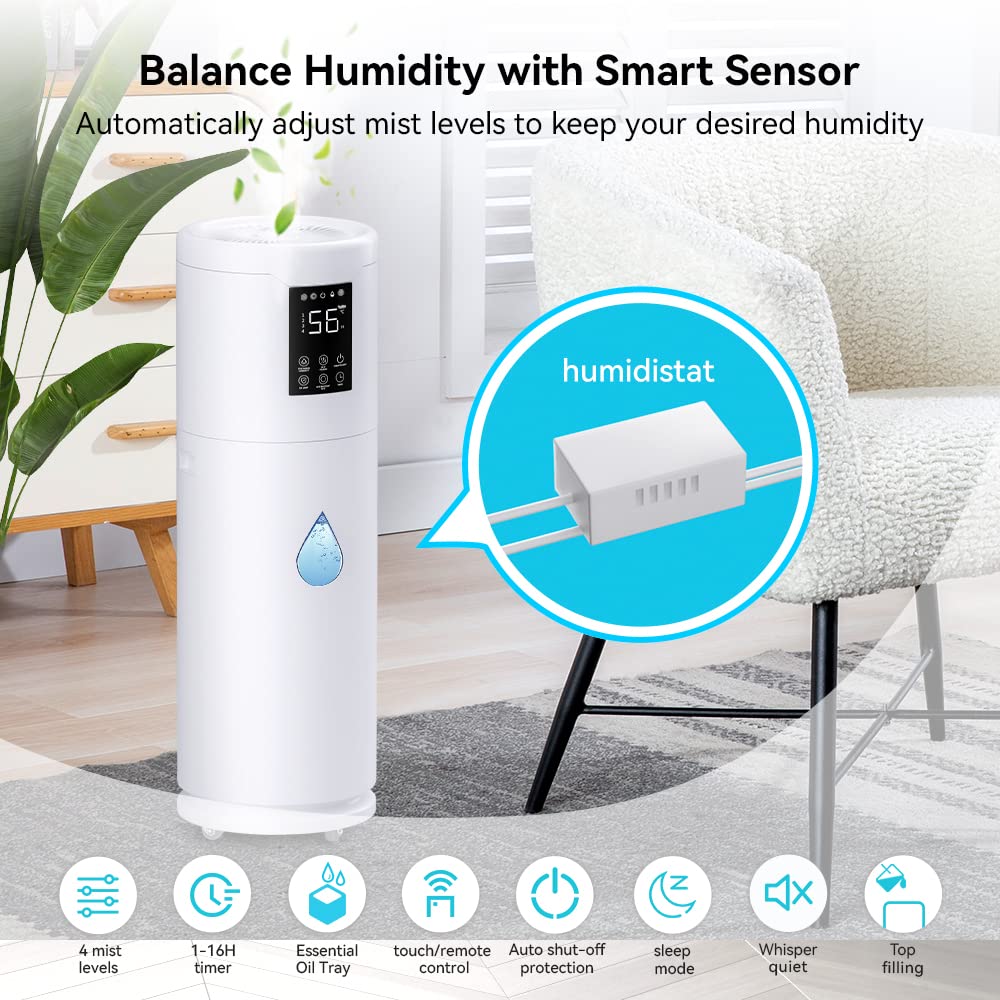 Humidifiers For Large Room Home Bedroom 2000 Sq.Ft. 17L/4.5Gal Large Humidifier With Extension Tube & 4 Speed Mist,Top Fill Whol