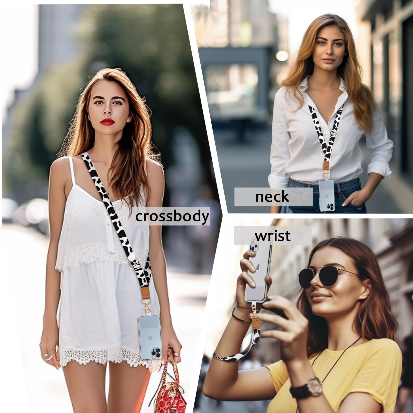 Phone Lanyard Crossbody Wrist Strap Adjustable, Cow Cell Phone Lanyard Wristlet Universal Phone Strap With 2 Phone Tether Tabs,