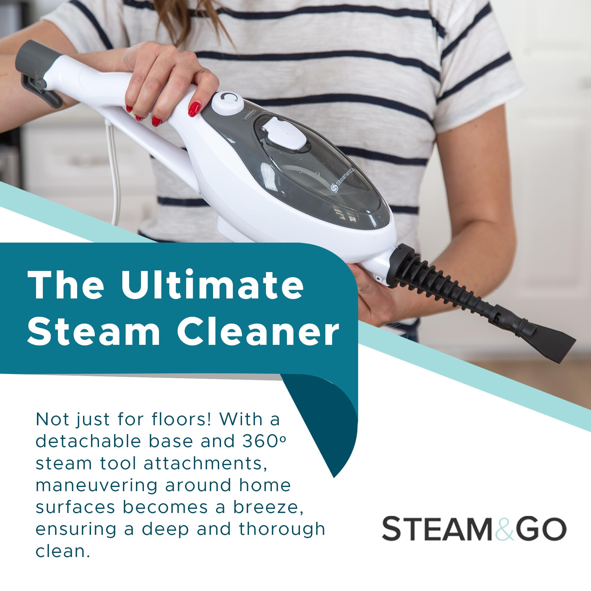 Steam And Go 10-In-1 Steam Mop - Floor Steamer With Detergent Chamber And Detachable Handle For Tile Grout, Clothes, Furniture,