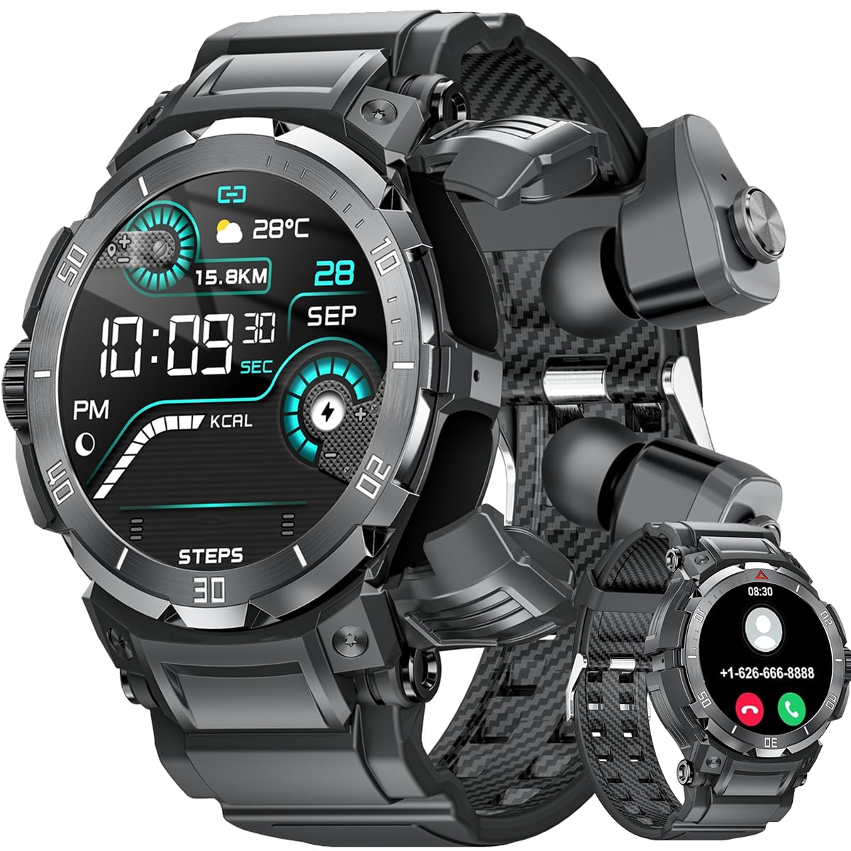 Fanchengzi Military Smart Watch With Earbuds For Men, Bluetooth Calling Can Answer And Make Calls, Ip67 Waterproof Fitness Smart