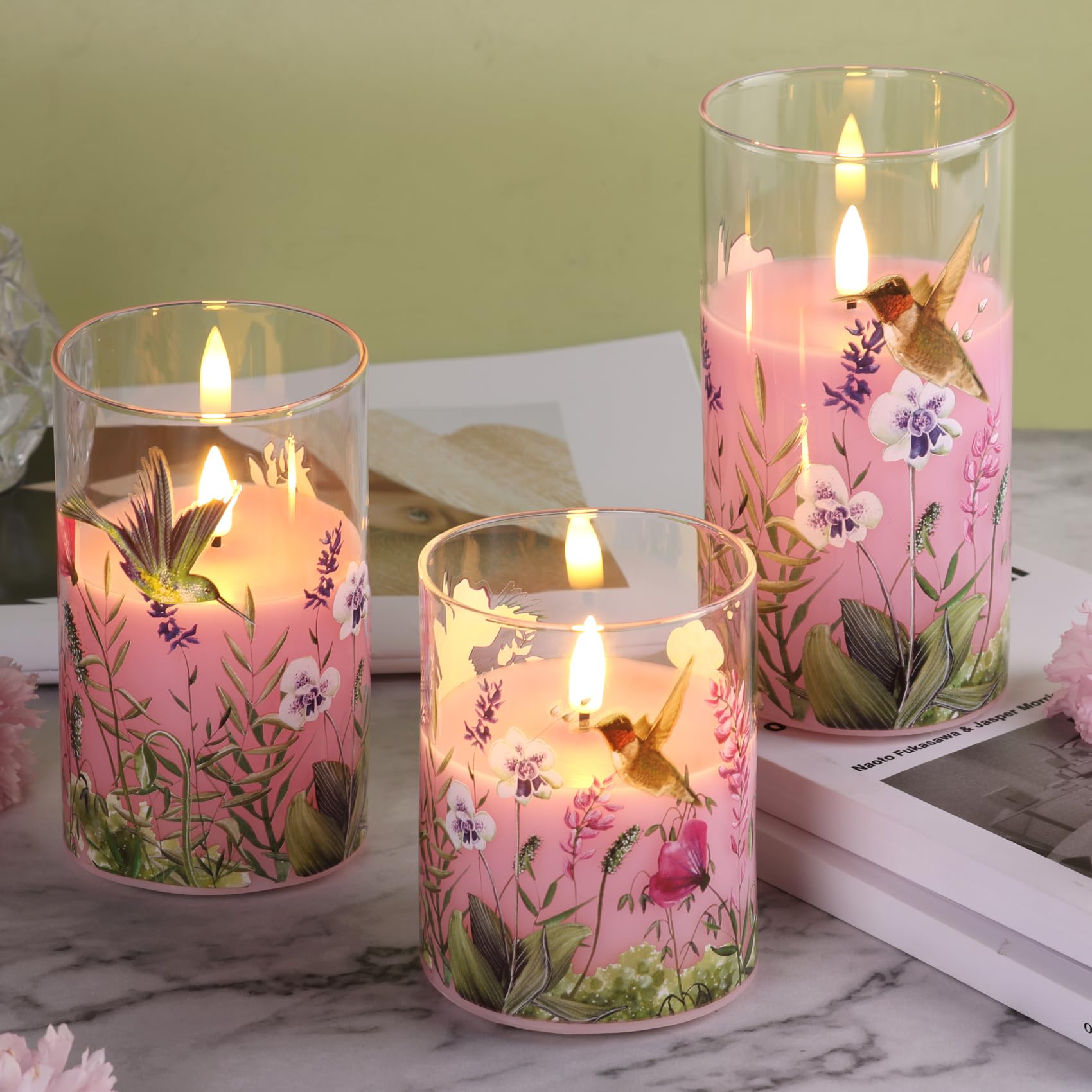 Girimax Pink Hummingbird Glass Led Candles With Remote, Flickering Flameless Candles Battery Operated F 3'' H 4'' 5'' 6''