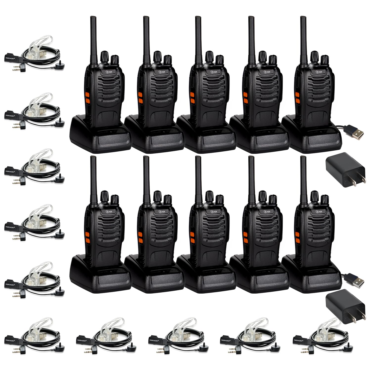 Tidradio Td V2 Walkie Talkies For Adults Long Range, Rechargeable Two Way Radios With Secret Service Earpiece, 16Ch Portable Durable Flashlight Vox Walky Talky For Business Family (10 Pack,Black)