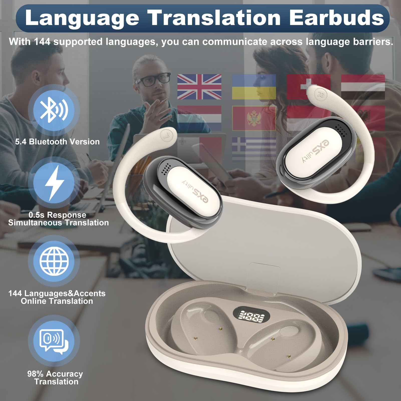 Exsulity Ai Language Translator Earbuds,144 Languages Translation & 5 Translation Modes Fit For Ios & Android Bluetooth 5.4 Earb