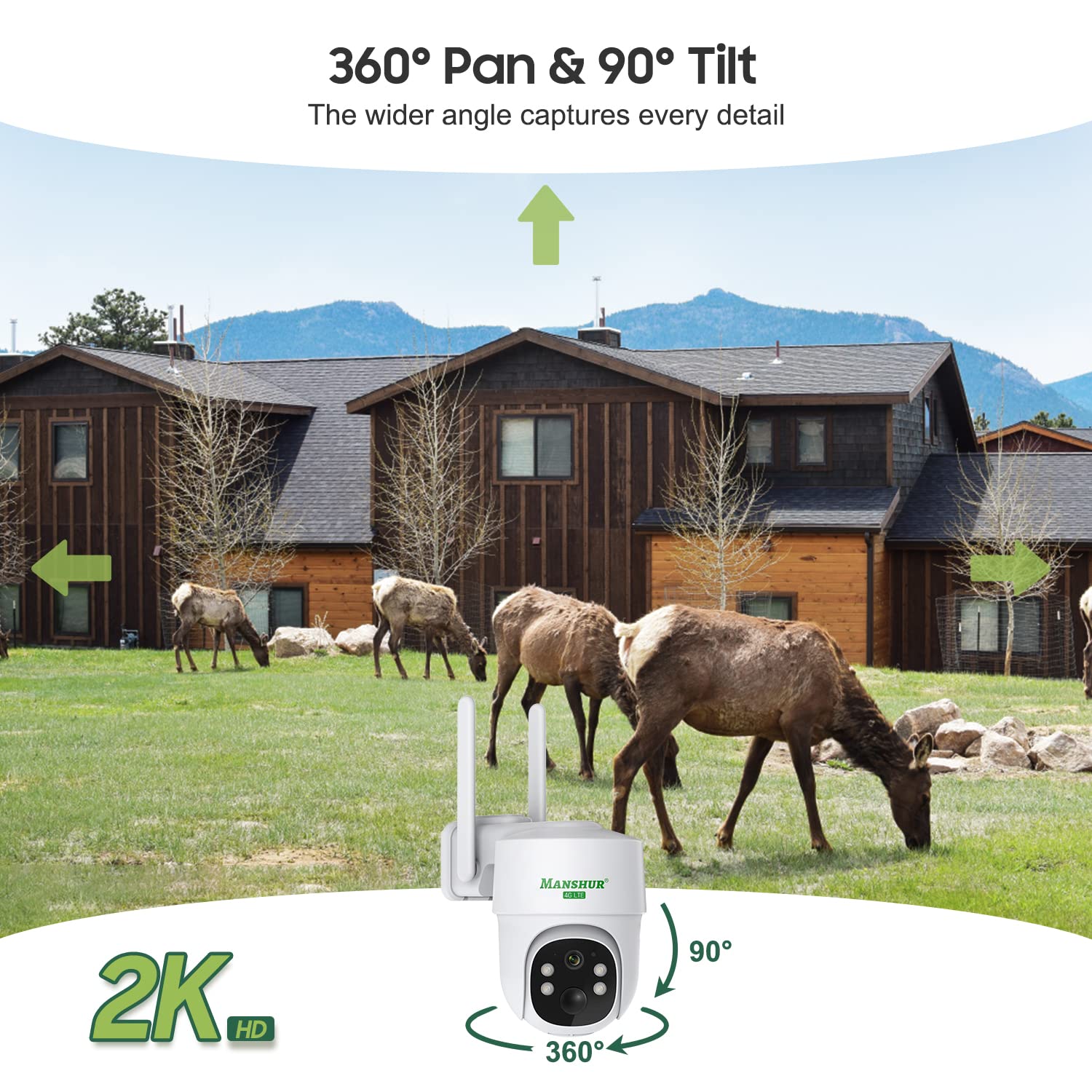 Manshur 4G Lte Cellular Security Camera Outdoor Wireless, Cameras Without Wifi Needed 360Ptz 2K/3Mp Color Night Vision, 2 Way Ta