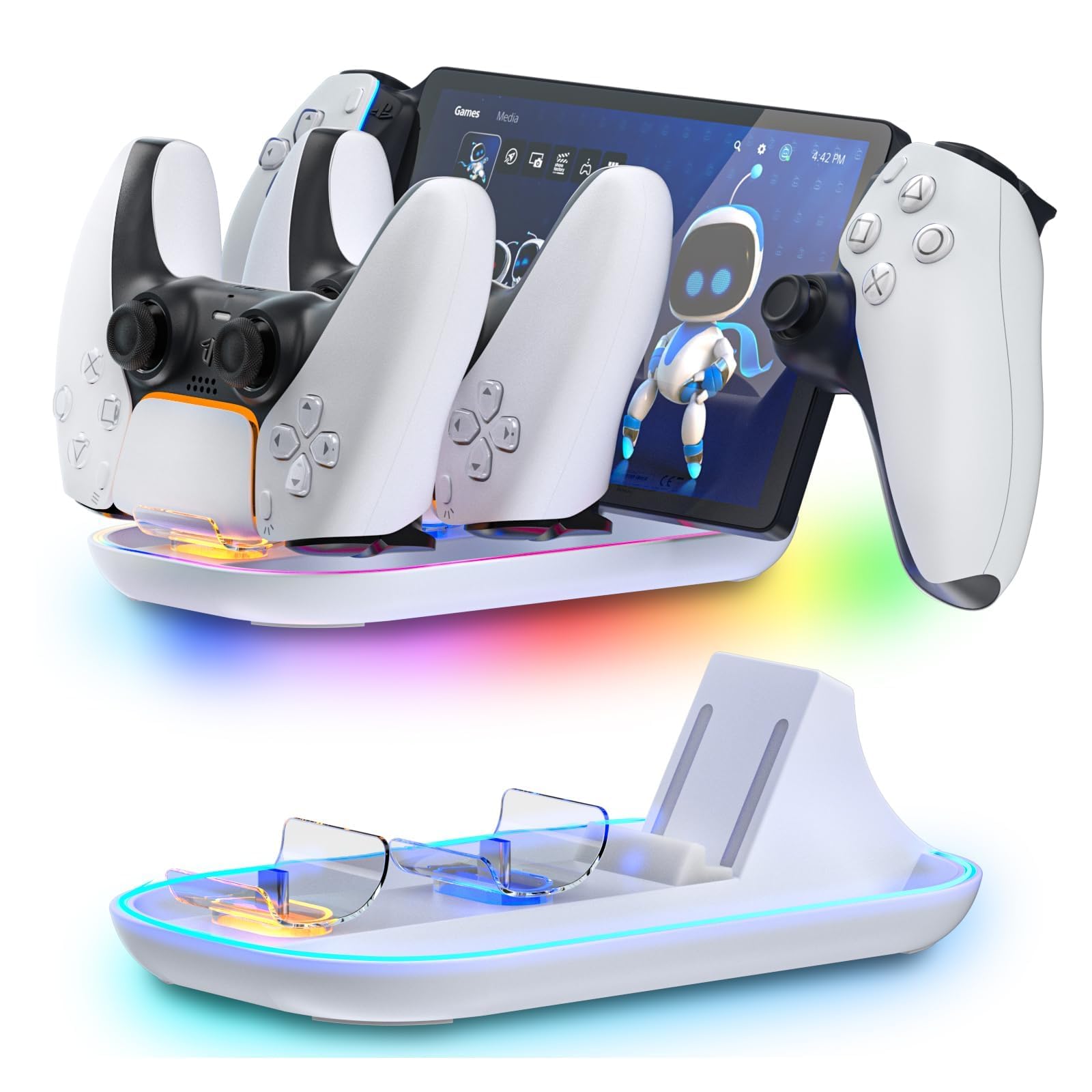 HEATFUN Charging Dock for PlayStation Portal Remote Player and Dual PS5 Controllers, 3-in-1 PS Portal Charger Station with RGB L