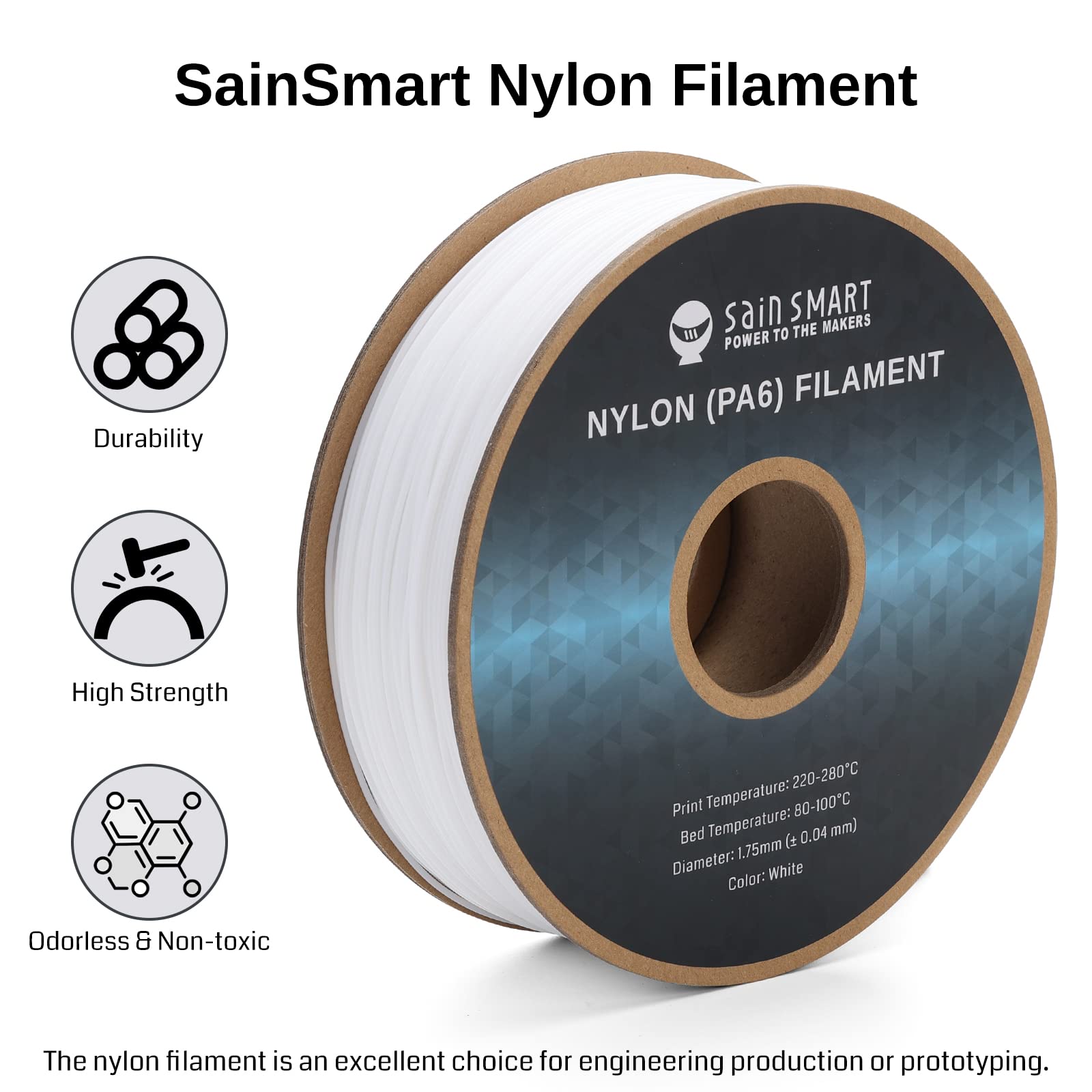 Sainsmart Pa6 Nylon Filament 1.75Mm 3D Printer Filament, 1Kg Cardboard Spool(2.2Lbs), Dimensional Accuracy +/  0.04 Mm, White
