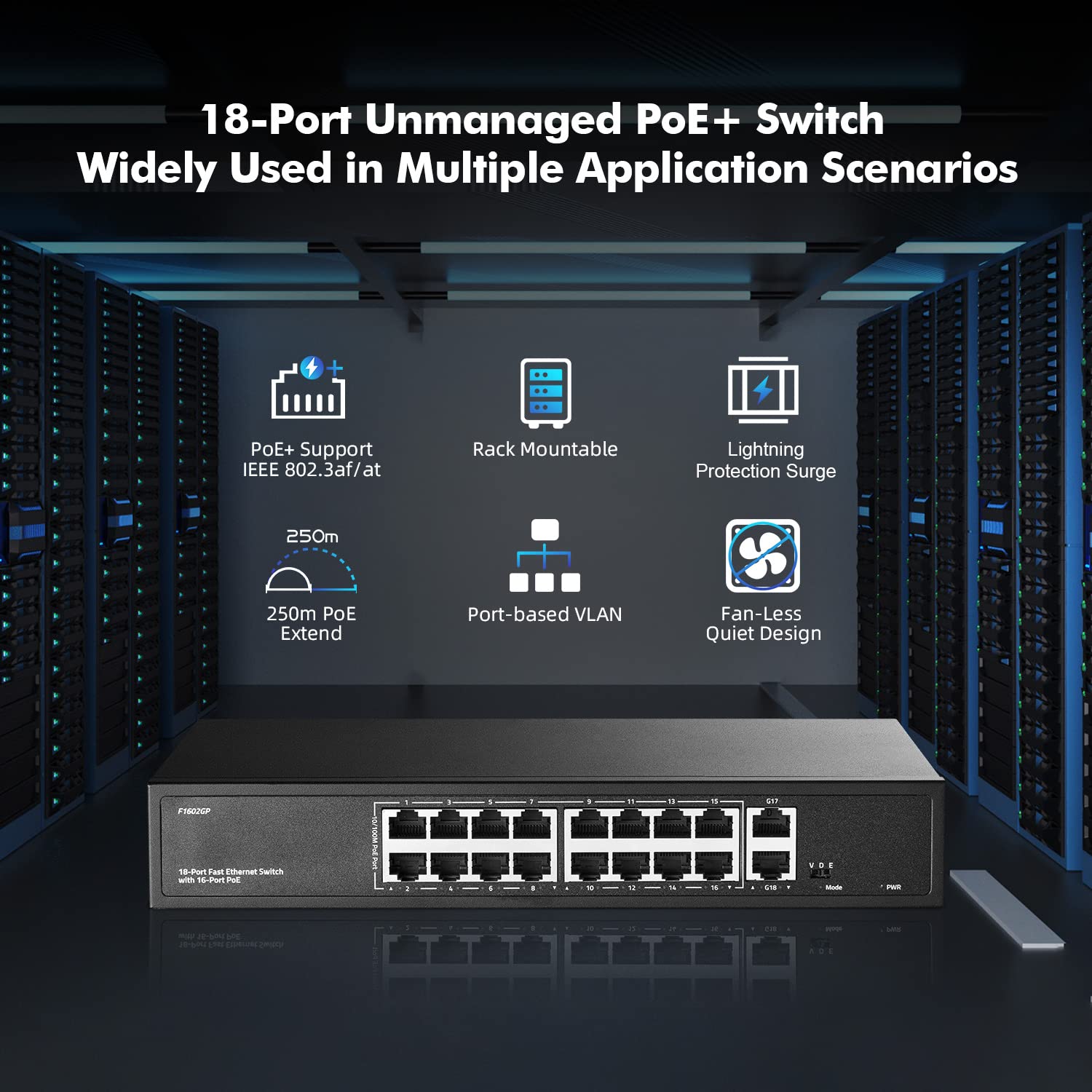 Yulinca 16 Port Poe Switch With 2 Gigabit Uplink, 10/100Mbps Poe+ Ports, 100/1000Mbps Uplink, Ieee802.3Af/At, Max 200W, Vlan & P