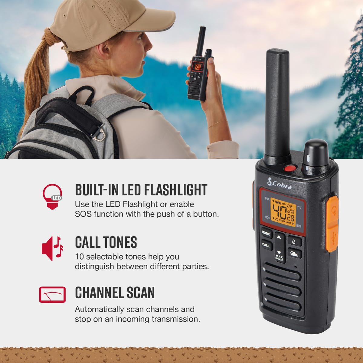 Cobra Rx380 Walkie Talkies   Rechargeable, 40 Preset Channels, Long Range 32 Mile Two Way Radio Set (2 Pack), Black