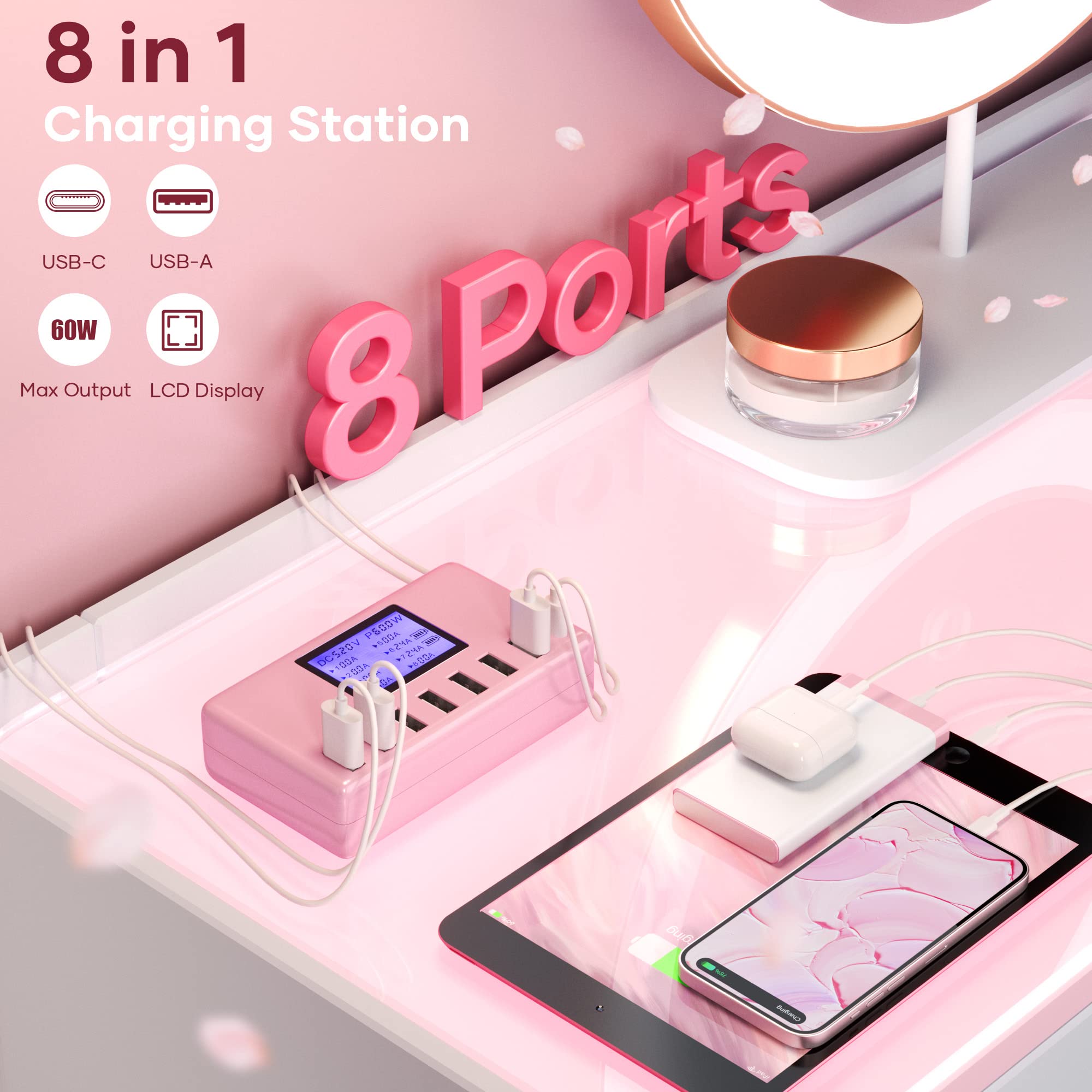 Usb Charger, Slitinto 60W 12A 8-Port Usb Charging Station Multi Port Usb Hub Charger Compact Size Lcd Display Compatible With Ip