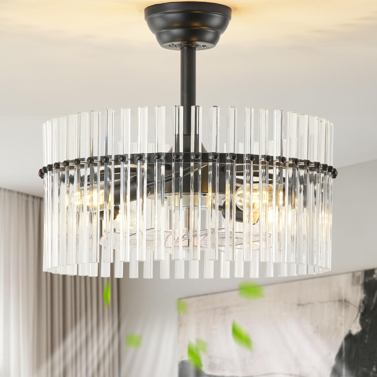 SYDACG 20 Black and Clear Crystal Fandelier Ceiling Fan with Light, Mid-Century Chandelier Ceiling Fan with Light Remote Control