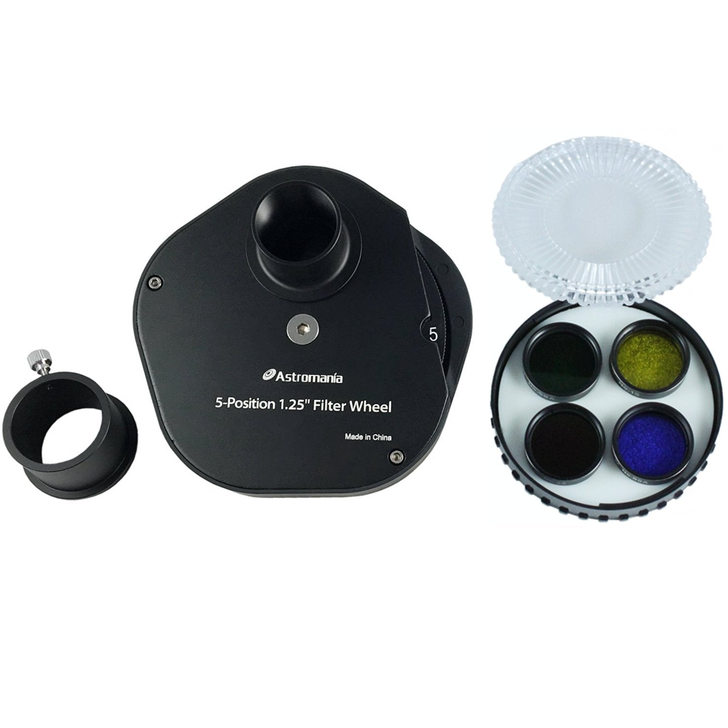 Astromania 1.25'' Multiple 5 Position Filter Wheel For Telescope   With 1.25 Inch Four Color Filters(#15 Deep Yellow, #25 Red, #