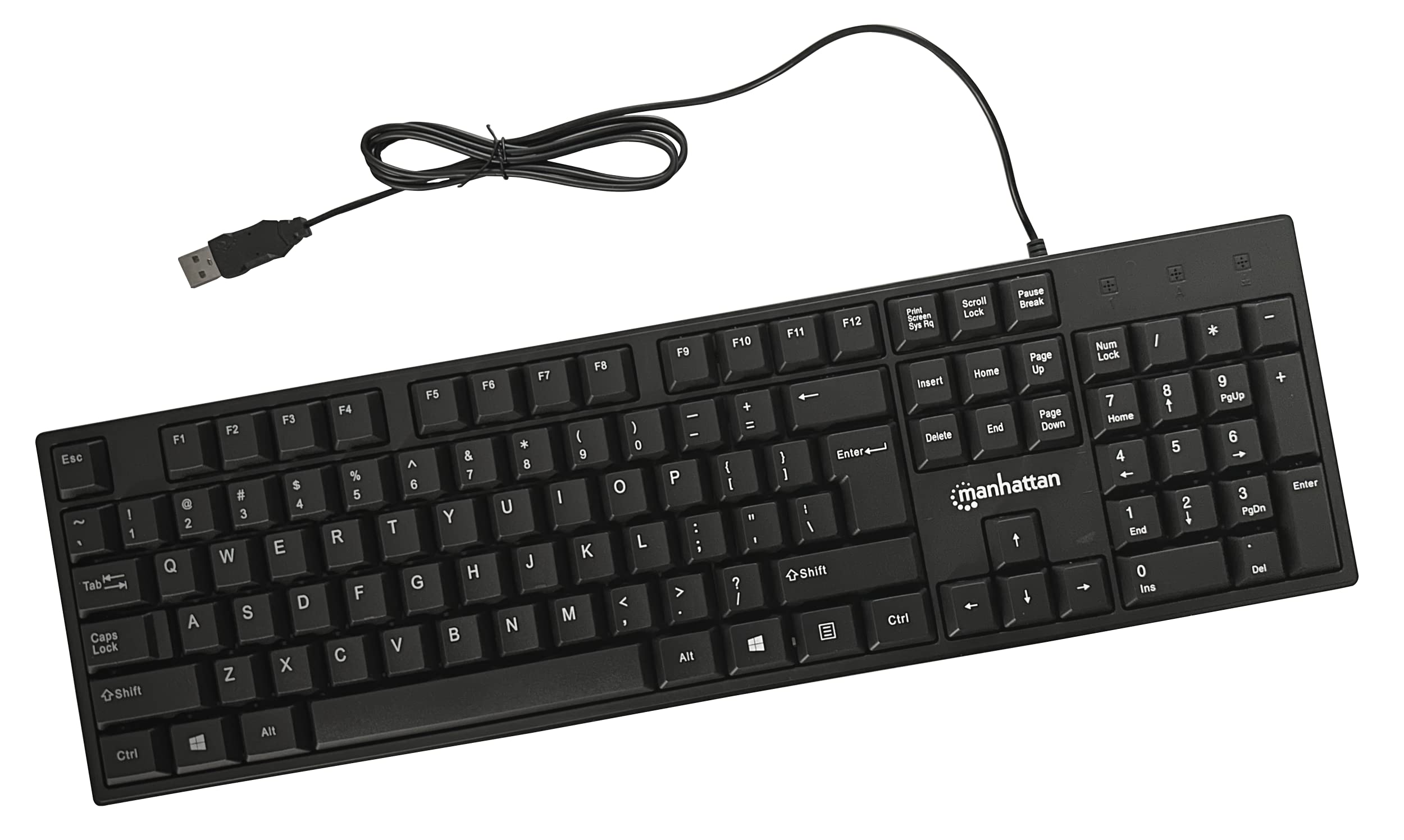 Manhattan Wired Computer Keyboard - Basic Black Keyboard - with 4.5ft USB-A Cable, 104-keys, Foldable Stands - Compatible for Wi