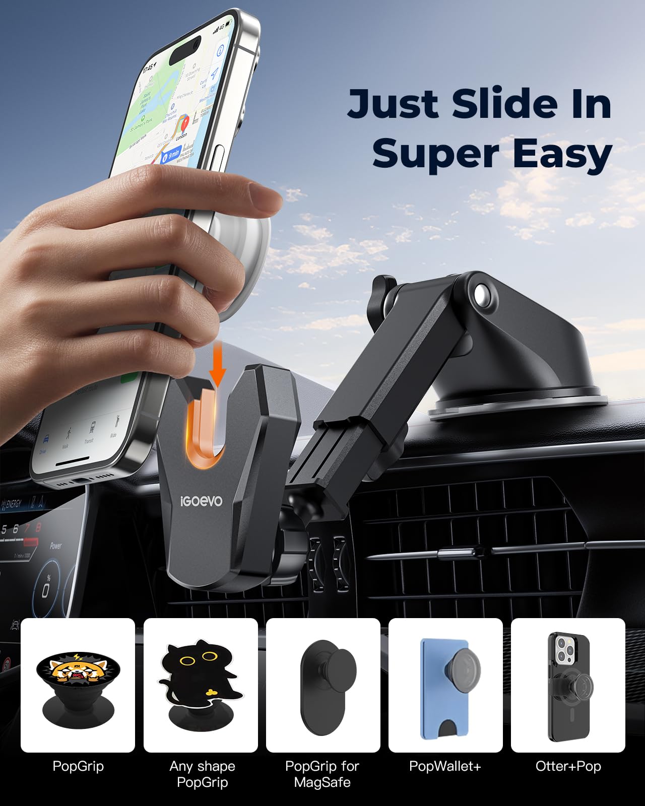 Igoevo Socket Phone Mount For Car Dashboard Windshield One-Hand Operation Strong Suction Cup Pop Car Holder For Iphone Fits All