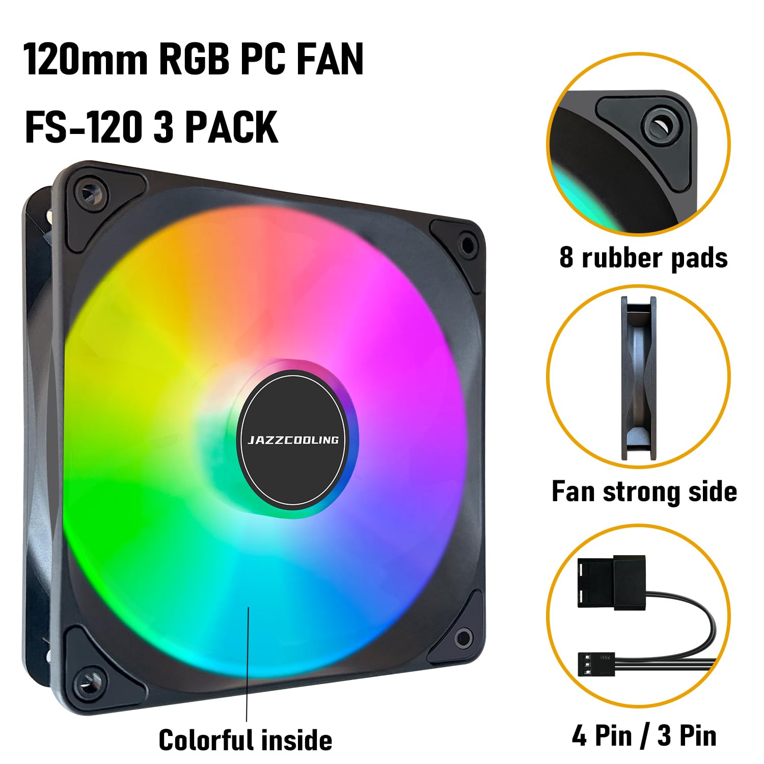 120Mm Case Fan 3 Pack Rgb Fans, Fs 120 High Performance Quiet 120Mm Cooling Pc Fans, With Hydraulic Bearing   Low Noise With 12V