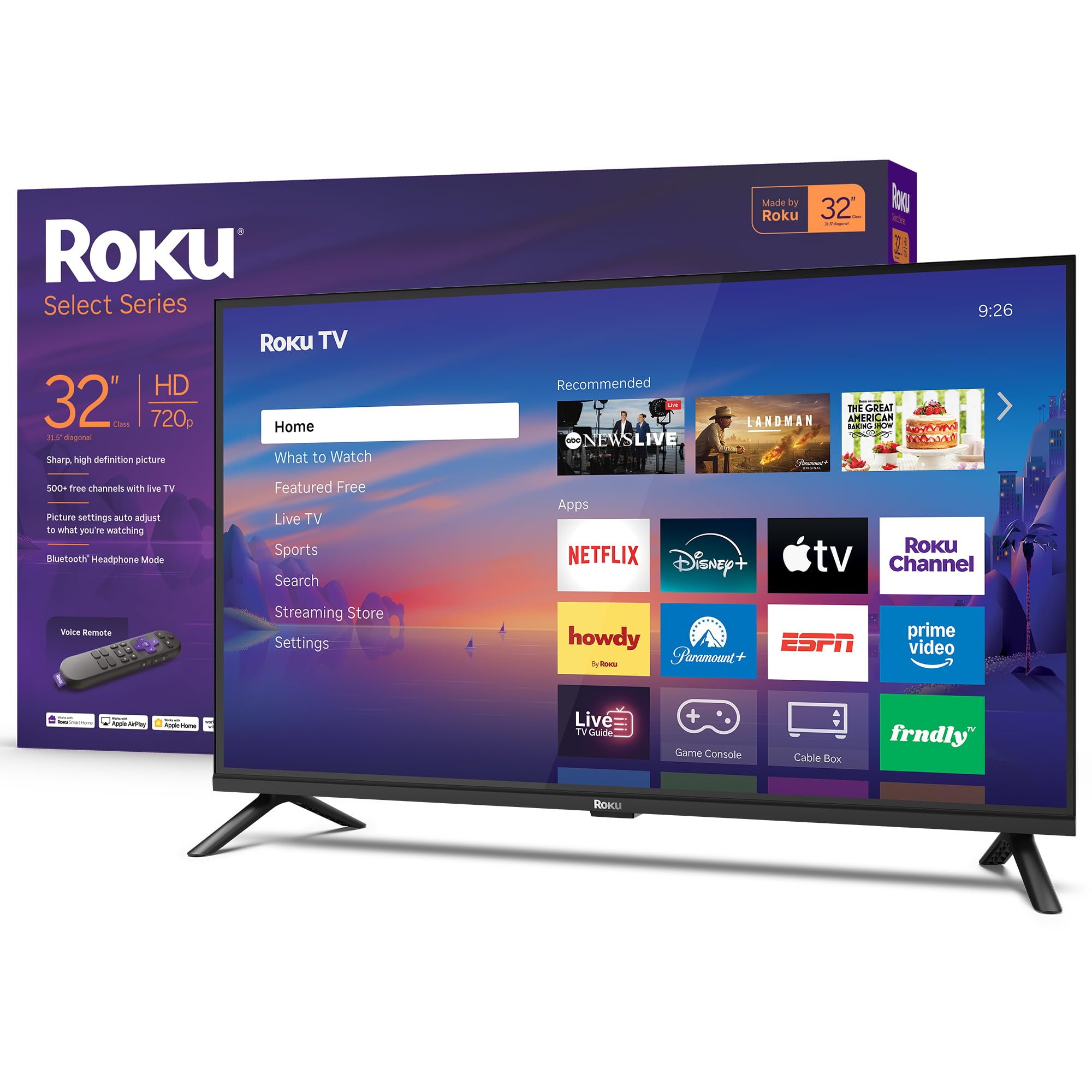 Roku Smart TV 2026 - 32-Inch Select Series, 720p HD TV - Roku TV with Voice Remote - Flat Screen LED Television with Wi-Fi for S