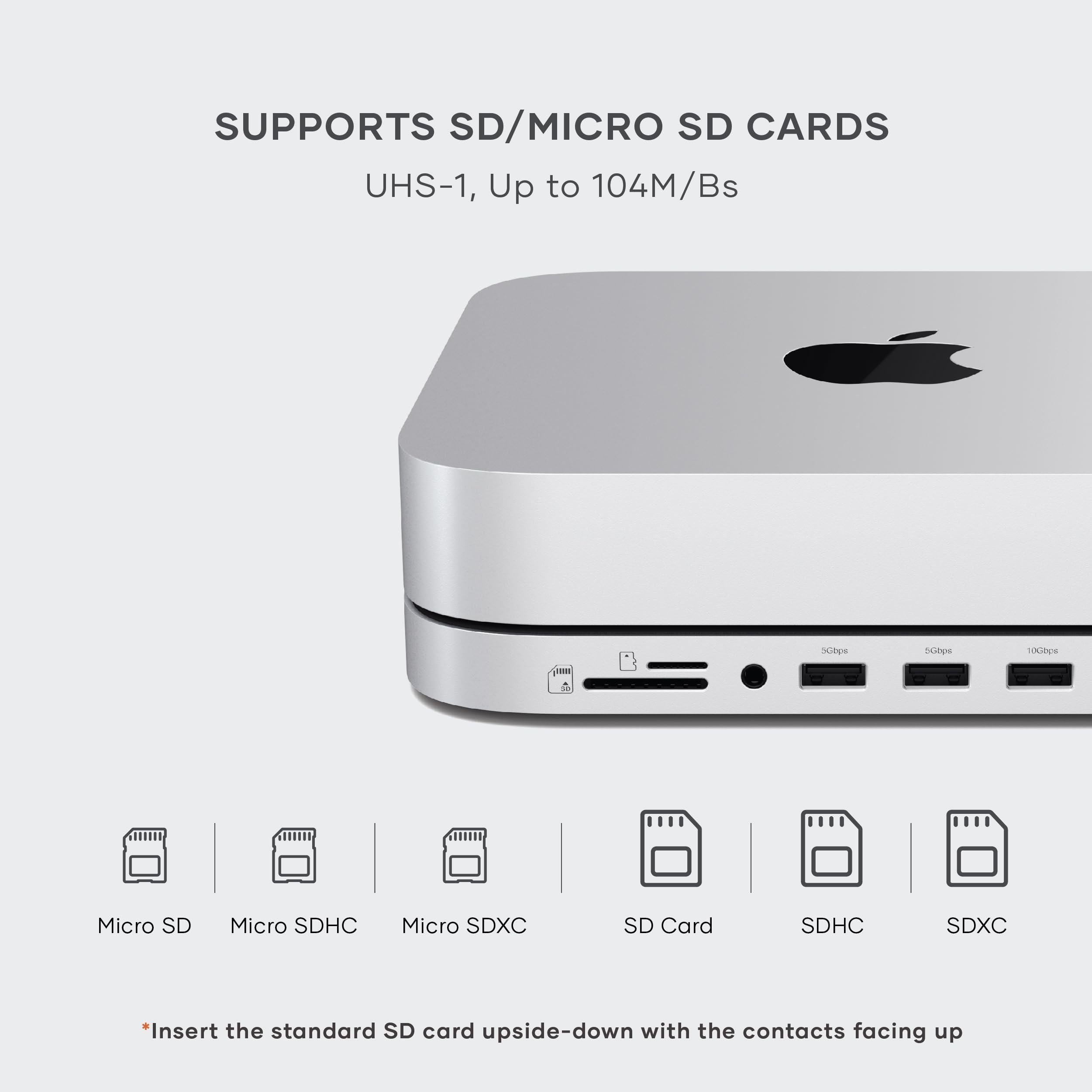 Satechi Mac Mini Hub & Stand - SSD Enclosure, USB C 10Gbps, 3 USB A, Audio Jack - Silver, Model ST-GMMSHS