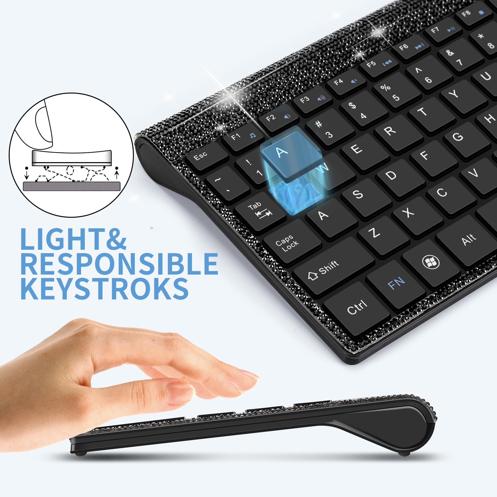 Dazzling Luxury Keyboard And Mouse Wireless, Sparkly Bling Rhinestone Wireless Mouse And Keyboard Gift Set (Black)