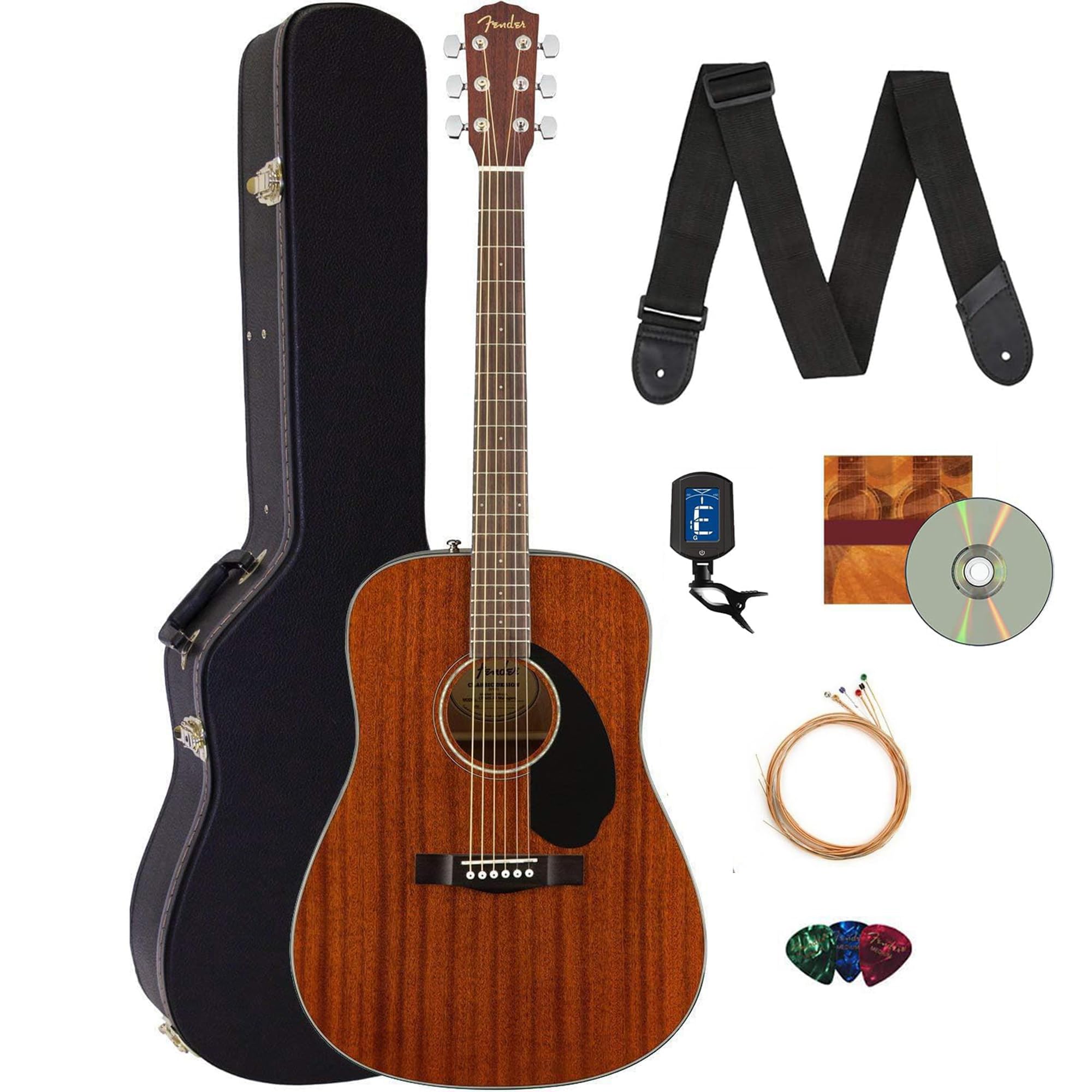 Fender CD-60S Solid Top Dreadnought Acoustic Guitar - All Mahogany Bundle with Hard Case, Tuner, Strap, Strings, Picks, and Aust
