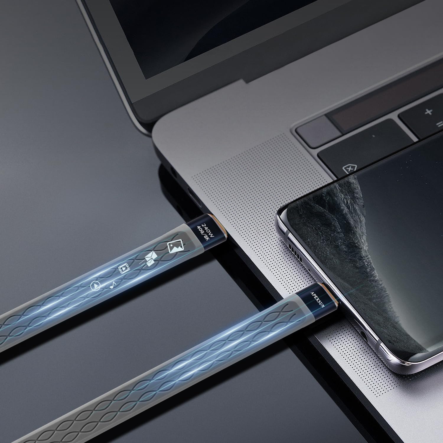 Apexsun (2 Pack Fpc 0.4Ft Usb C Cable,Usb C To Usb C Flexible Cable Support Thunderbolt 4/3,Usb4,240W Charging,8K Display,40Gbps Data Transfer For External Ssd, Egpu,Docking,Macbook,Pad, Phone