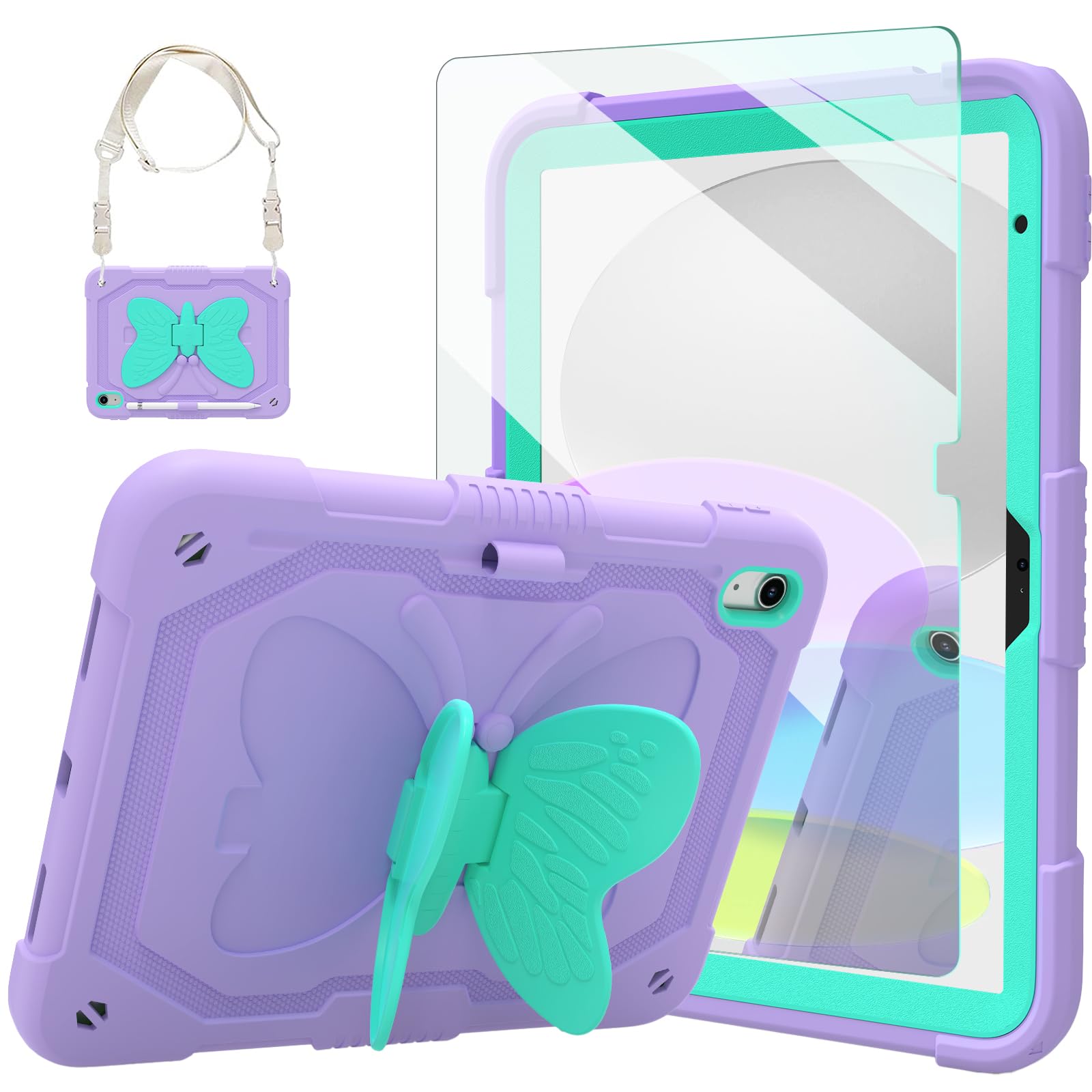 Ambison Case For Ipad 10Th Generation 2022 10.9 Inch For Kids Girls,With 9H Tempered Glass Screen Protector, Rugged Heavy Duty Shockproof Protective Case With Butterfly Stand,Carrying Strap Purple
