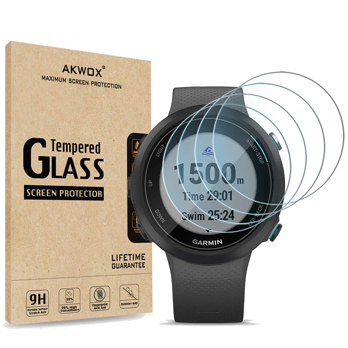 Akwox [4-Pack] Tempered Glass Screen Protector For Garmin Swim 2 Watch, [2.5D Arc Edges High Definition 9H Hardness] Anti-Scratc