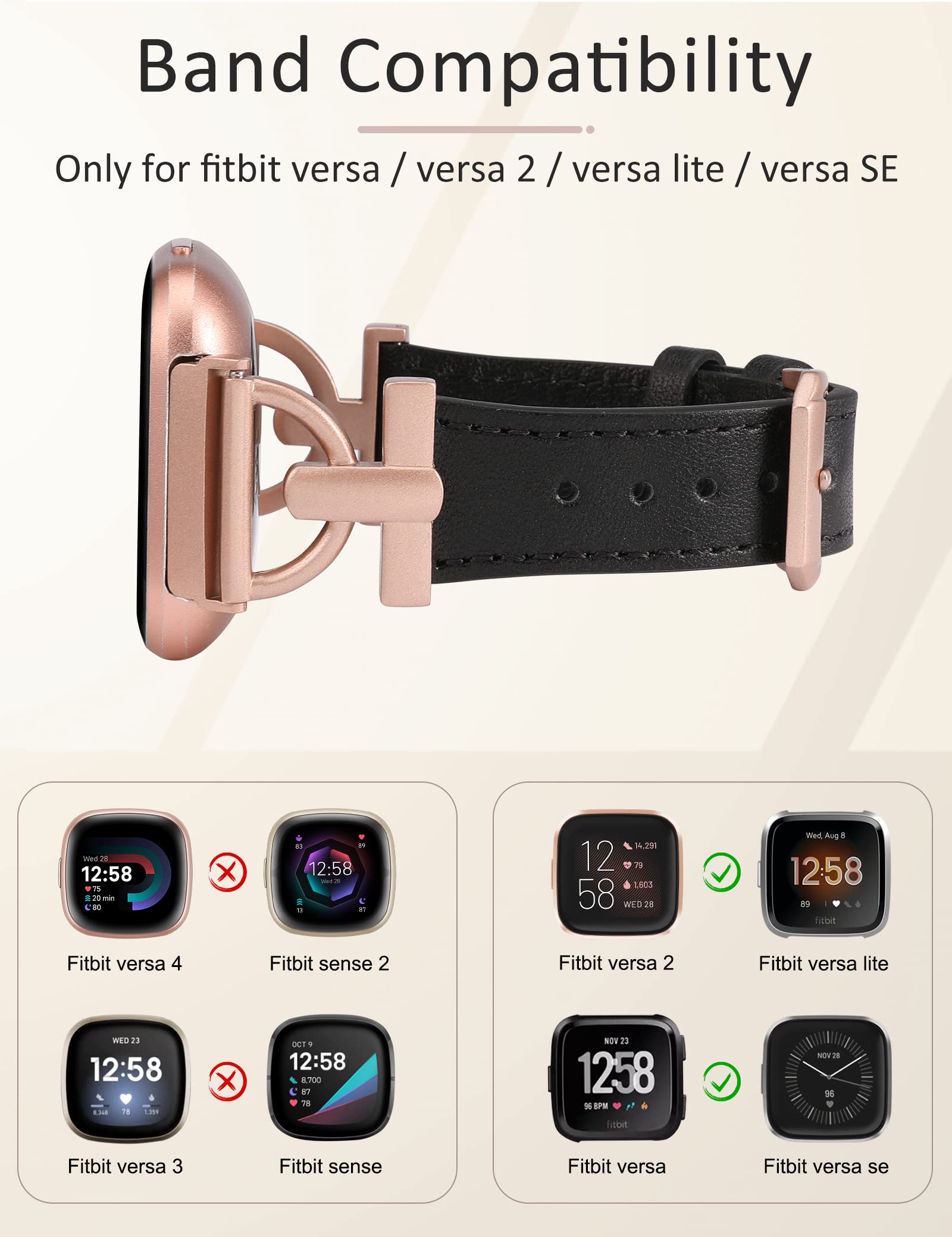 Wearlizer Leather Band Compatible With Fitbit Versa/Versa 2 Smart Watch - Dressy Slim Leather Strap Wristband With D-Shape Metal