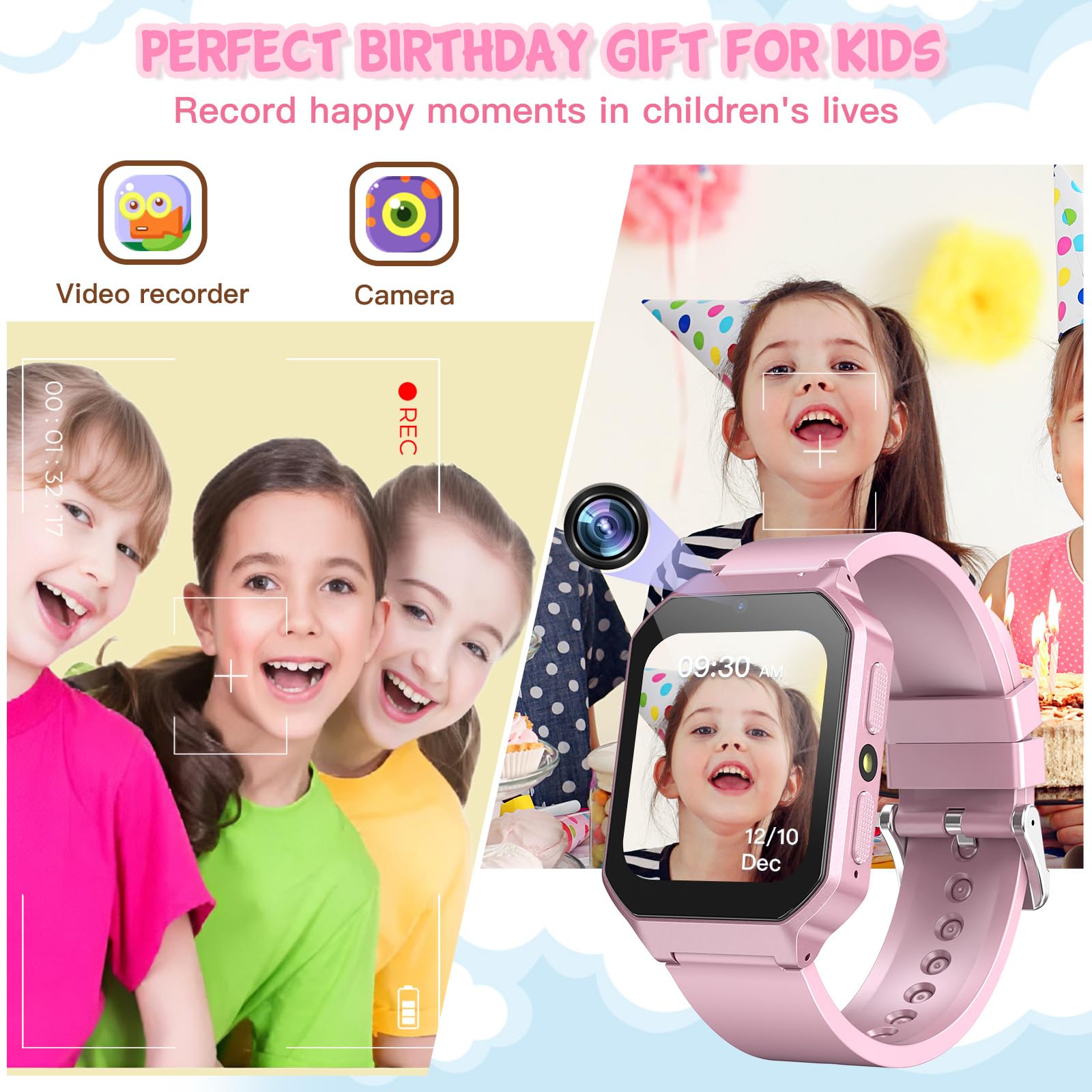 Derui Smart Watch For Kids 3 12 Years Boys Girls, 26 Puzzle Games, Smartwatch With Camera, Pedometer, Stopwatch, Video Voice Music Player Calendar Alarm Clock Learn Card For Children Gifts (Pink)