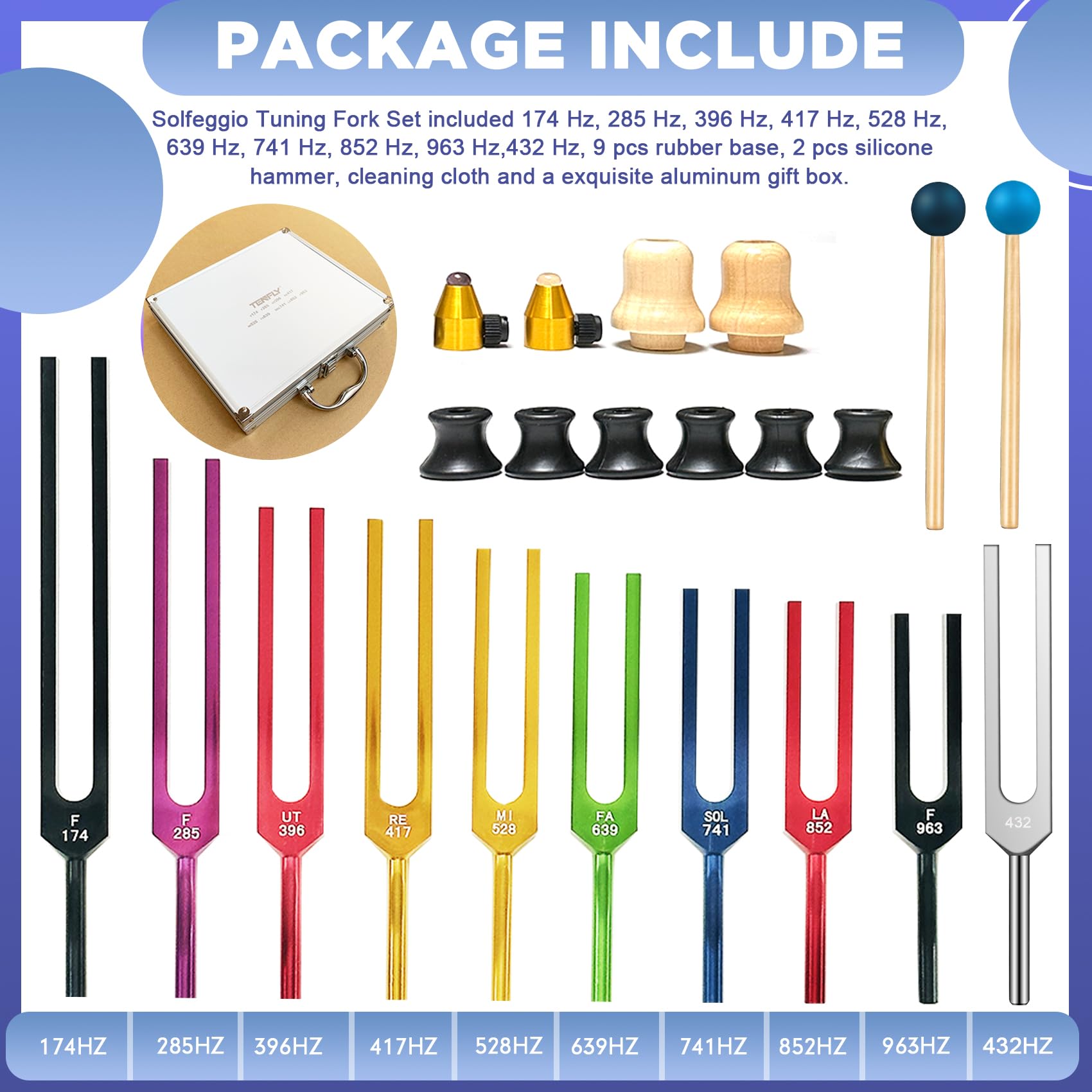 Tenfly Solfeggio Tuning Fork Set   10 Tuning Forks Perfect For Dna Healing, Chakra, Sound Therapy, Multicolour, With Exquisite A