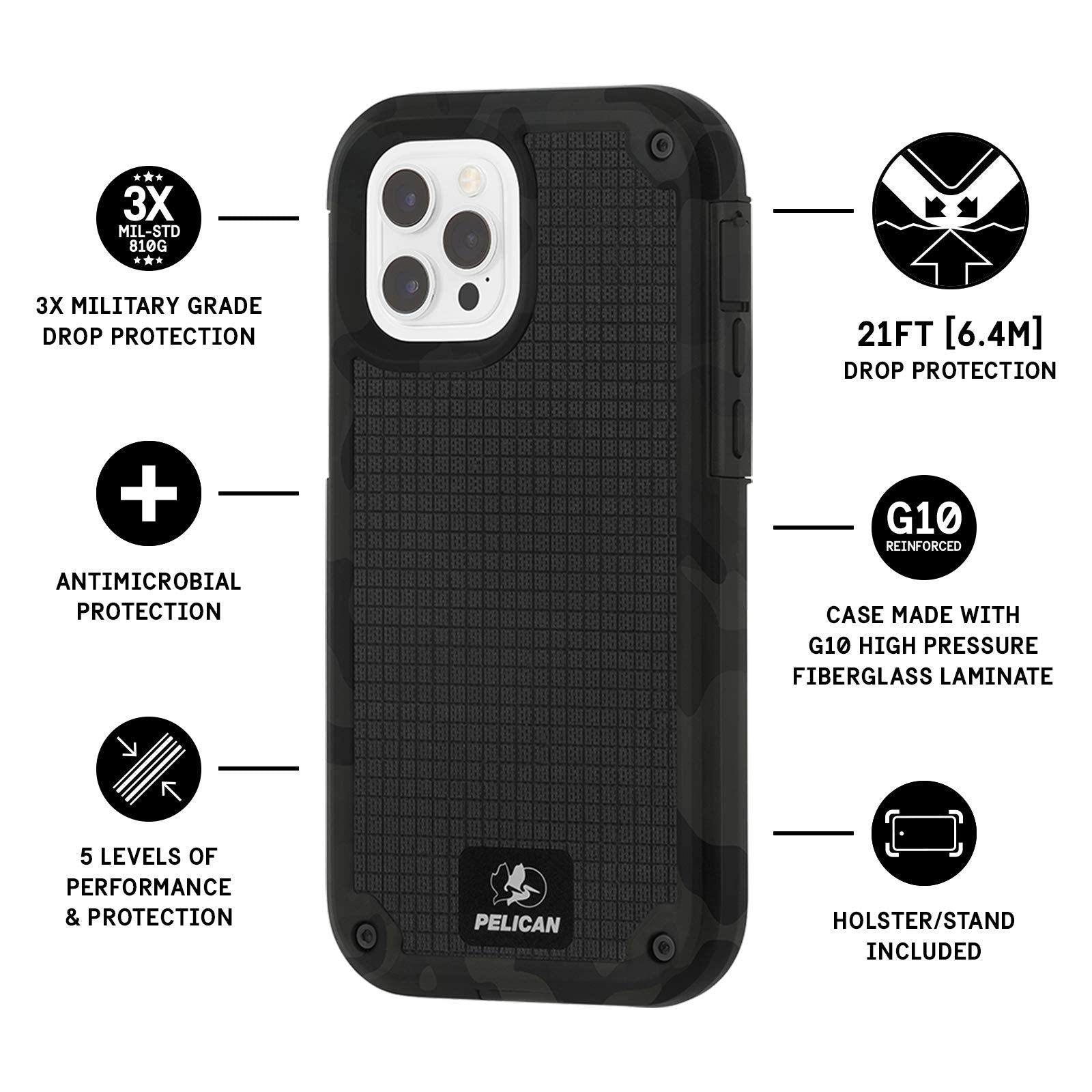 Pelican G10 Series iPhone 12/12 Pro Case - 21ft Drop Protection, Impact Polymer, Gray Camo, Belt Clip, Kickstand