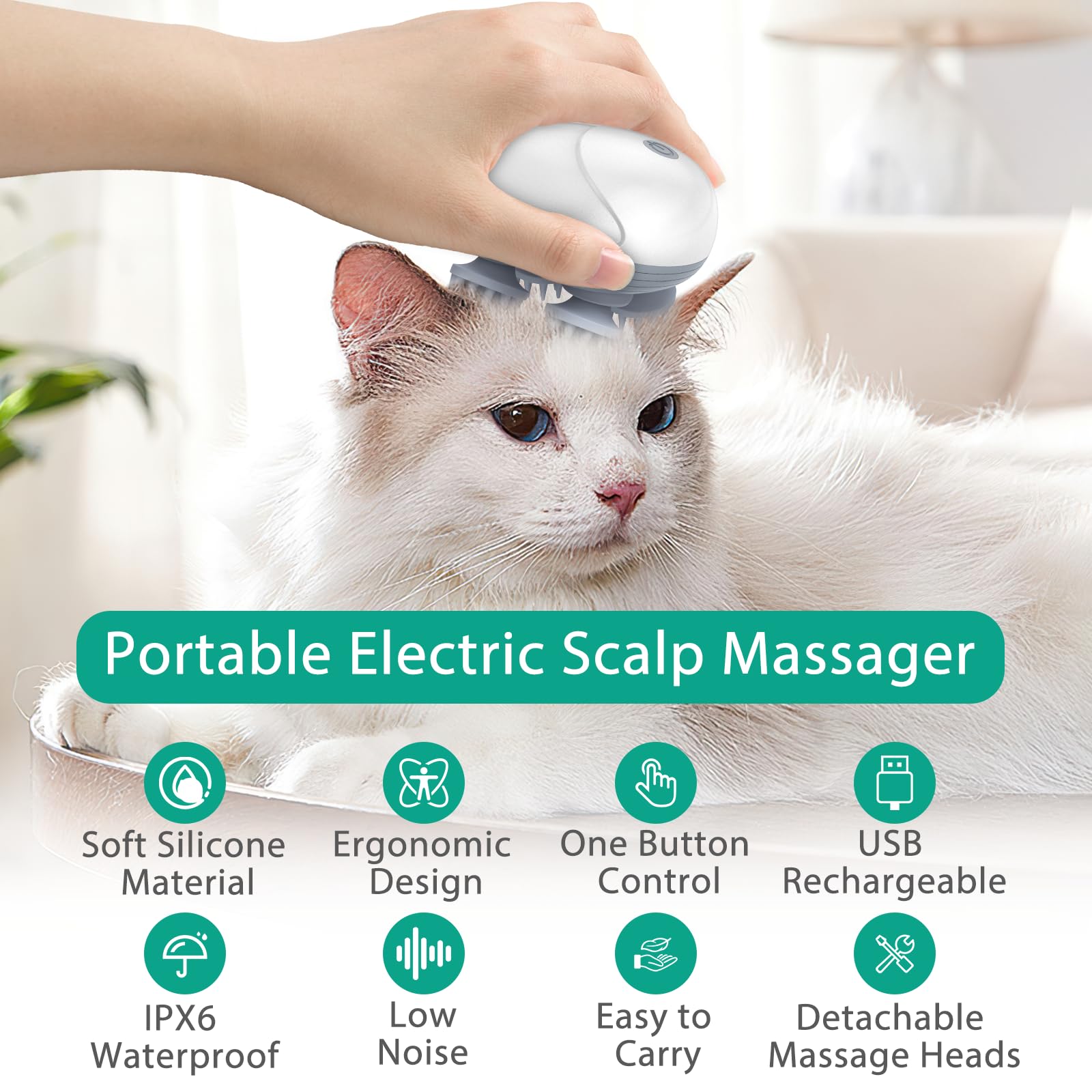 Oria Upgraded Handheld Pet Massage For Dog And Cat, Electric Cat Massager Dog Massager, With 4 Rotatable Massage Heads