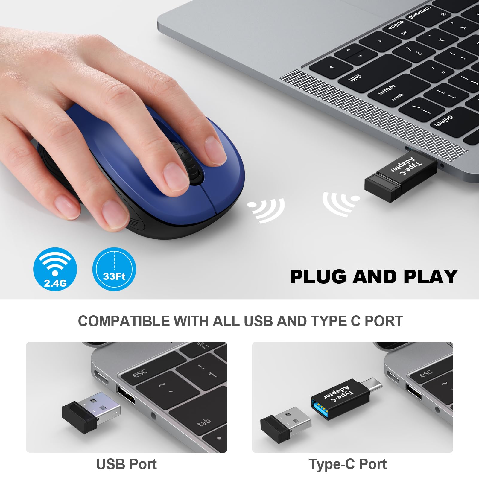 Wisfox 2.4G Wireless Mouse For Laptop, Ergonomic Computer Mouse With Usb Receiver And Type C Adapter, 3 Adjustable Levels, 6 Button Cordless Wireless Mice For Windows Mac Pc Notebook (Blue)