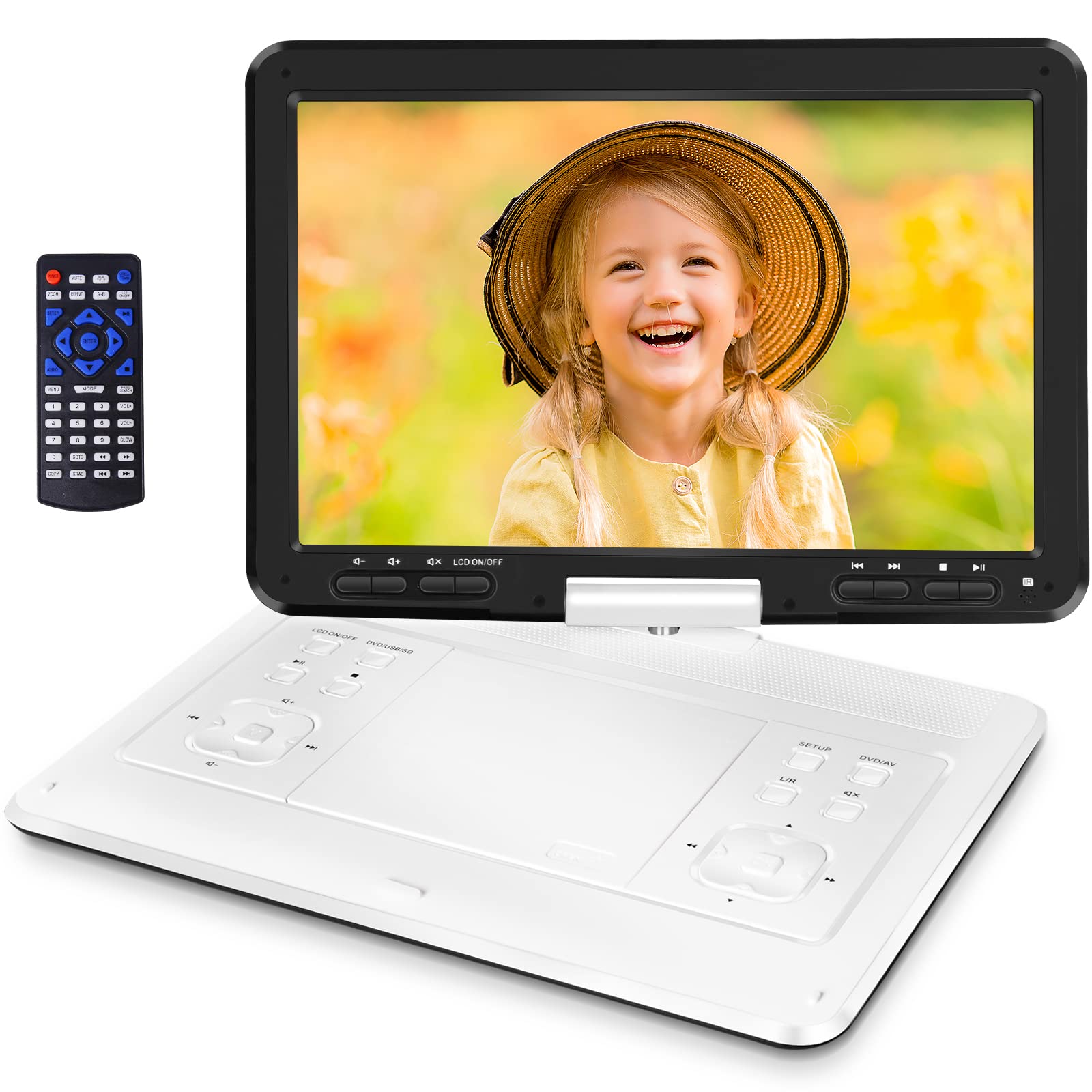 16.9 Portable DVD Player with 6 Hrs Battery, 14.1 HD Swivel Screen DVD Player Portable, New Screen Button Design, High Volum