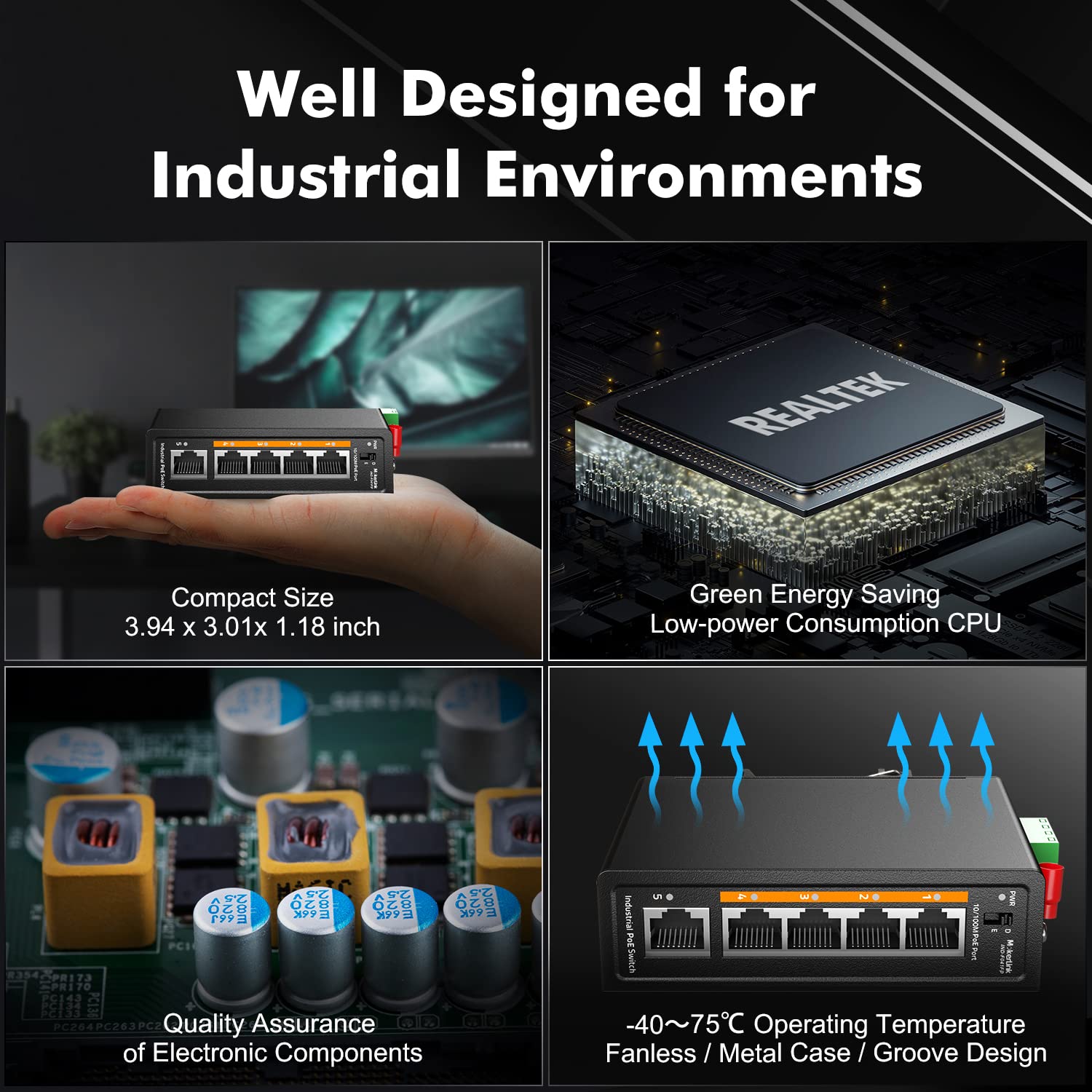 Mokerlink 5 Port Poe+ Industrial Din Rail Switch, 4 Ports Poe+ Ieee802.3Af/At, 1 Uplink, 10/100Mbps Fast Ethernet, Din Rail & Wa