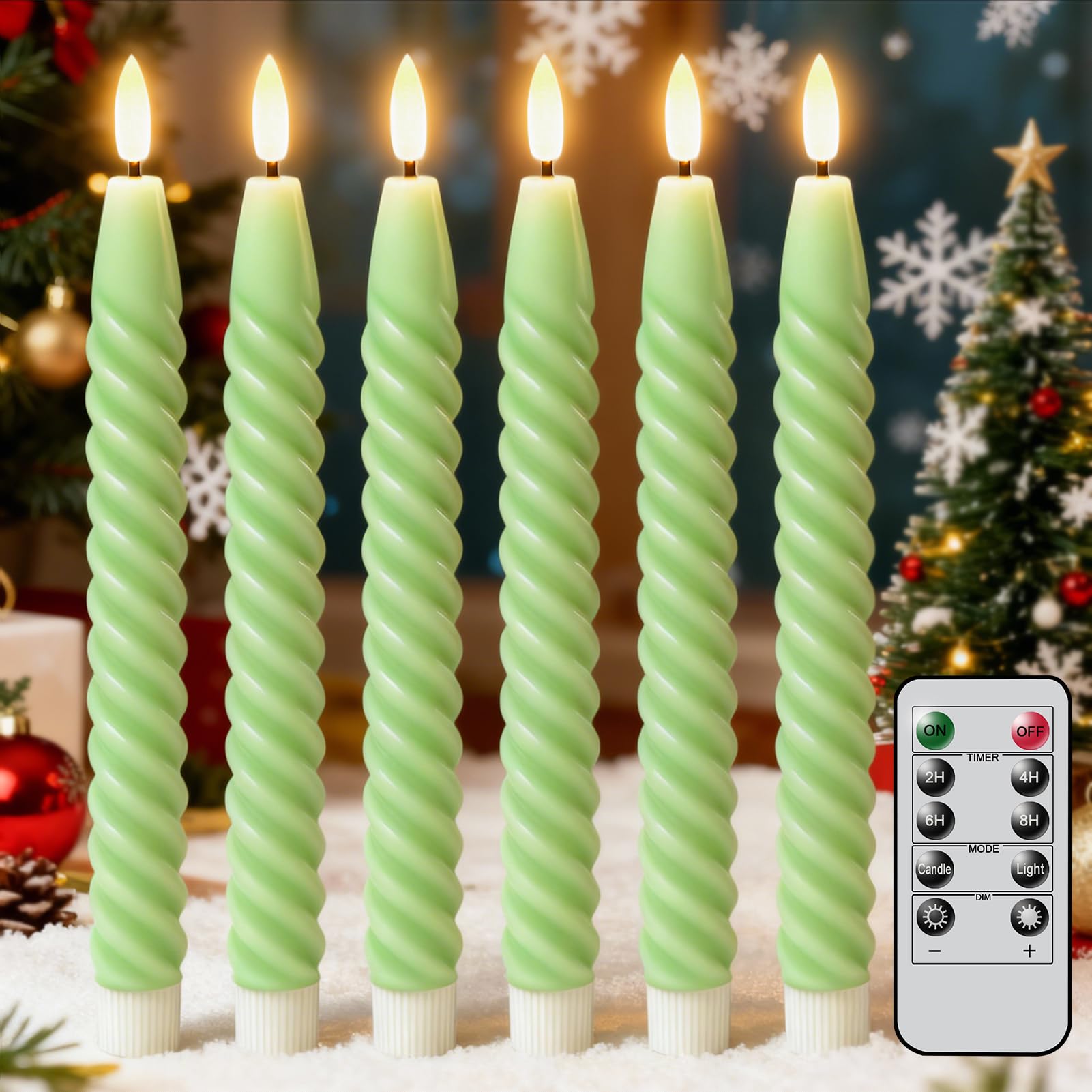 Lasumora Flameless Taper Candles Green Pastel Flickering with Remote Timer, Battery Operated Warm 3D Wick LED Spiral Candles 6 P