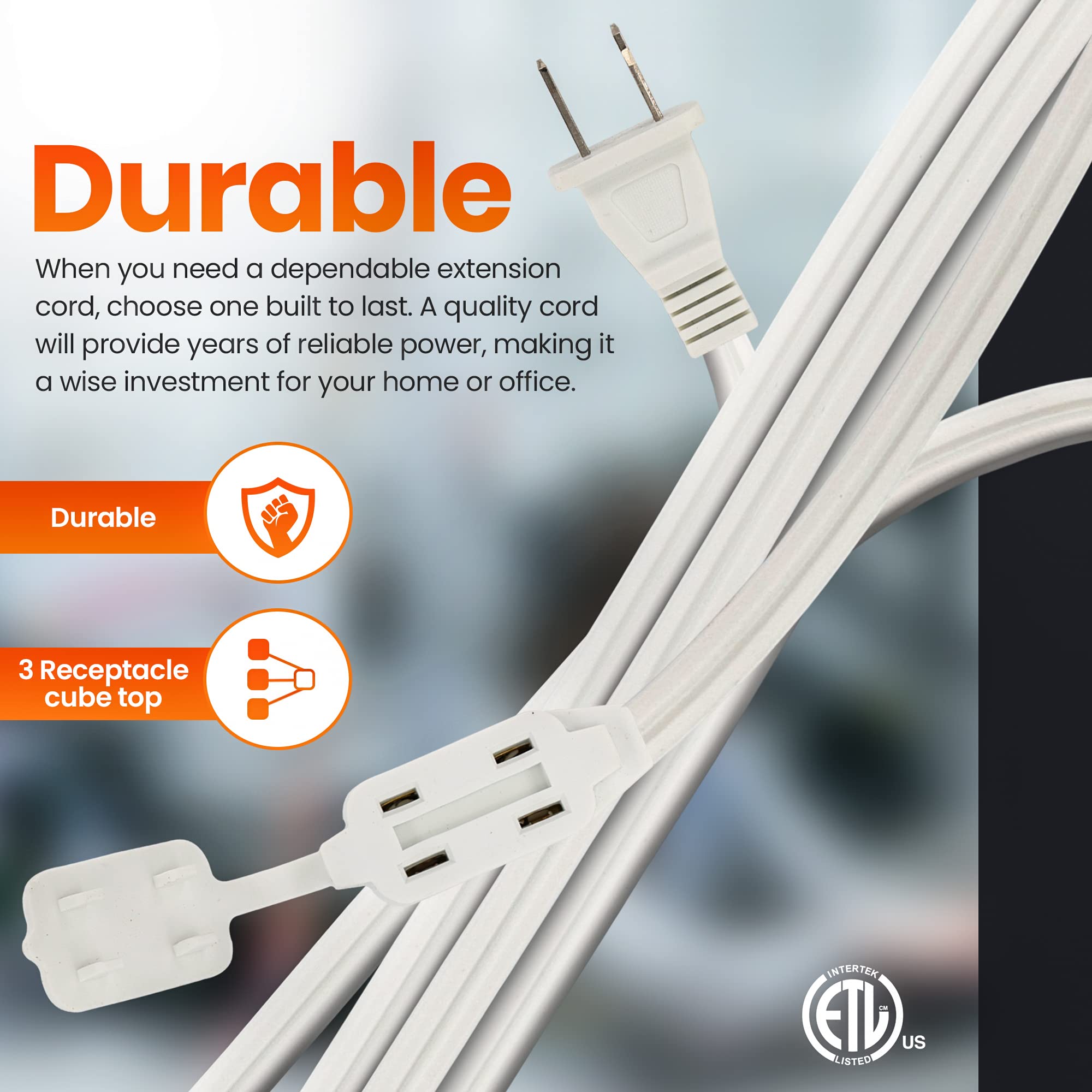 25 Feet White Extension Cord, 3 Outlet, 2 Prong, 16 Gauge Cable, 3 Receptacle Cube Tap, Indoor Use, (2 Pack)   By Revpex