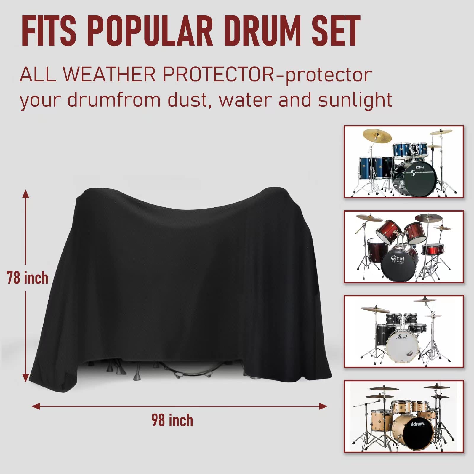 Drum Set Dust Cover With Sewn-In Sewn-In Weighted Corners Windproof Drum Kit Cover For Outdoor Musical Instruments (78 X 98 Inch