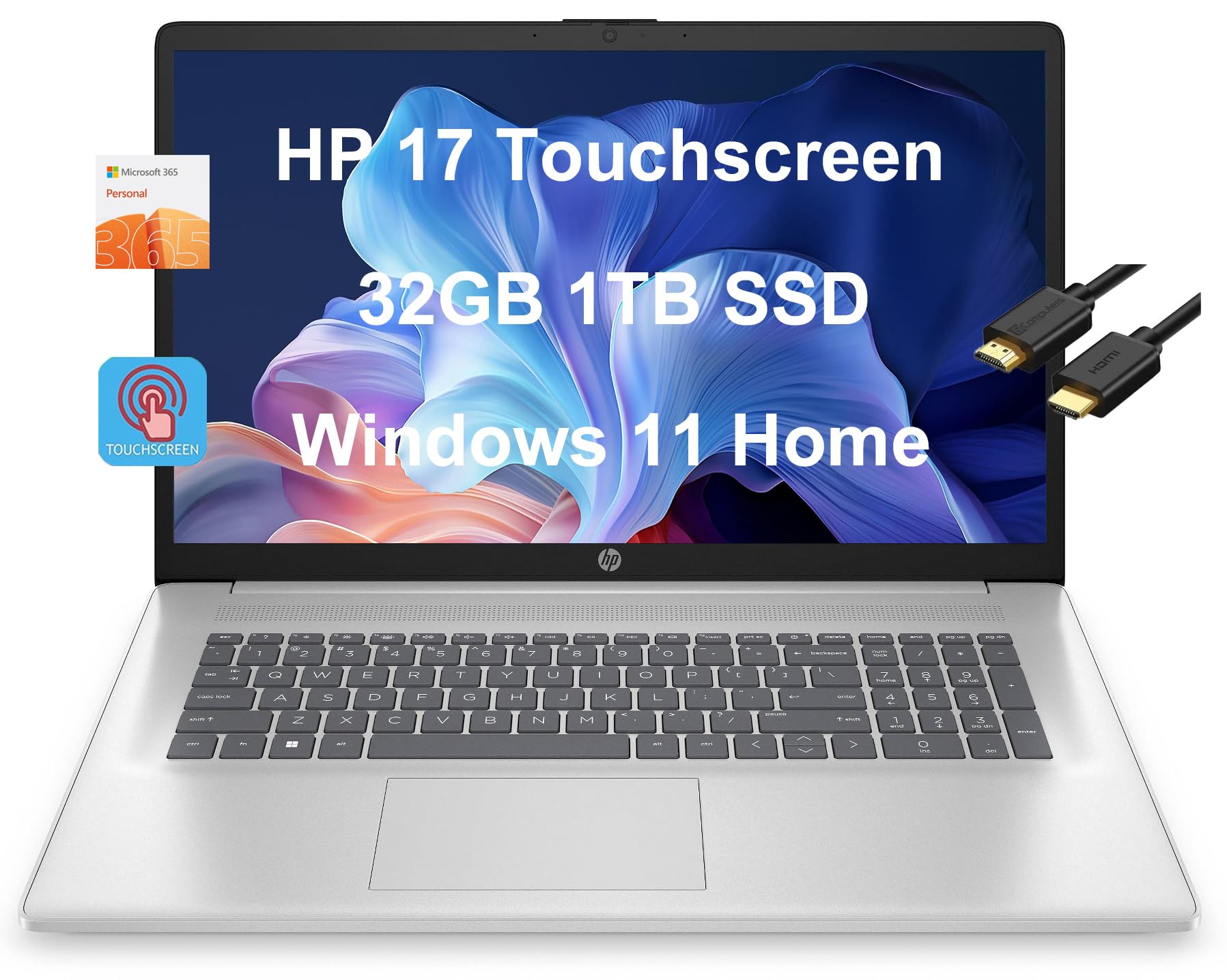 Hp 17 Laptop (17.3'' Hd+ Touchscreen, Intel Pentium N5030, 32Gb Ram, 1Tb Ssd, Uhd Graphics), 1 Year Office 365, Long Battery Lif