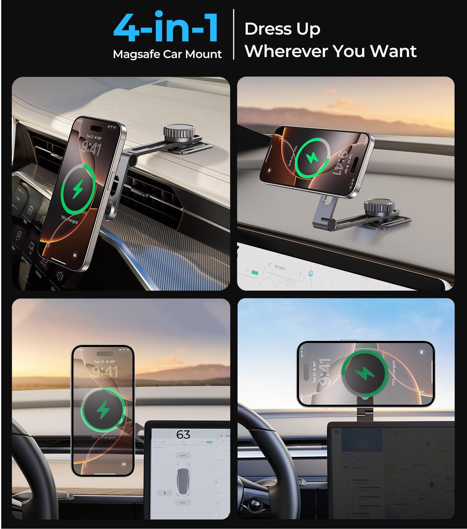 For Magsafe Car Mount Wireless Charger, Foldable Magnetic Phone Holder, Multiple Installation Options For Universal Dashboard &